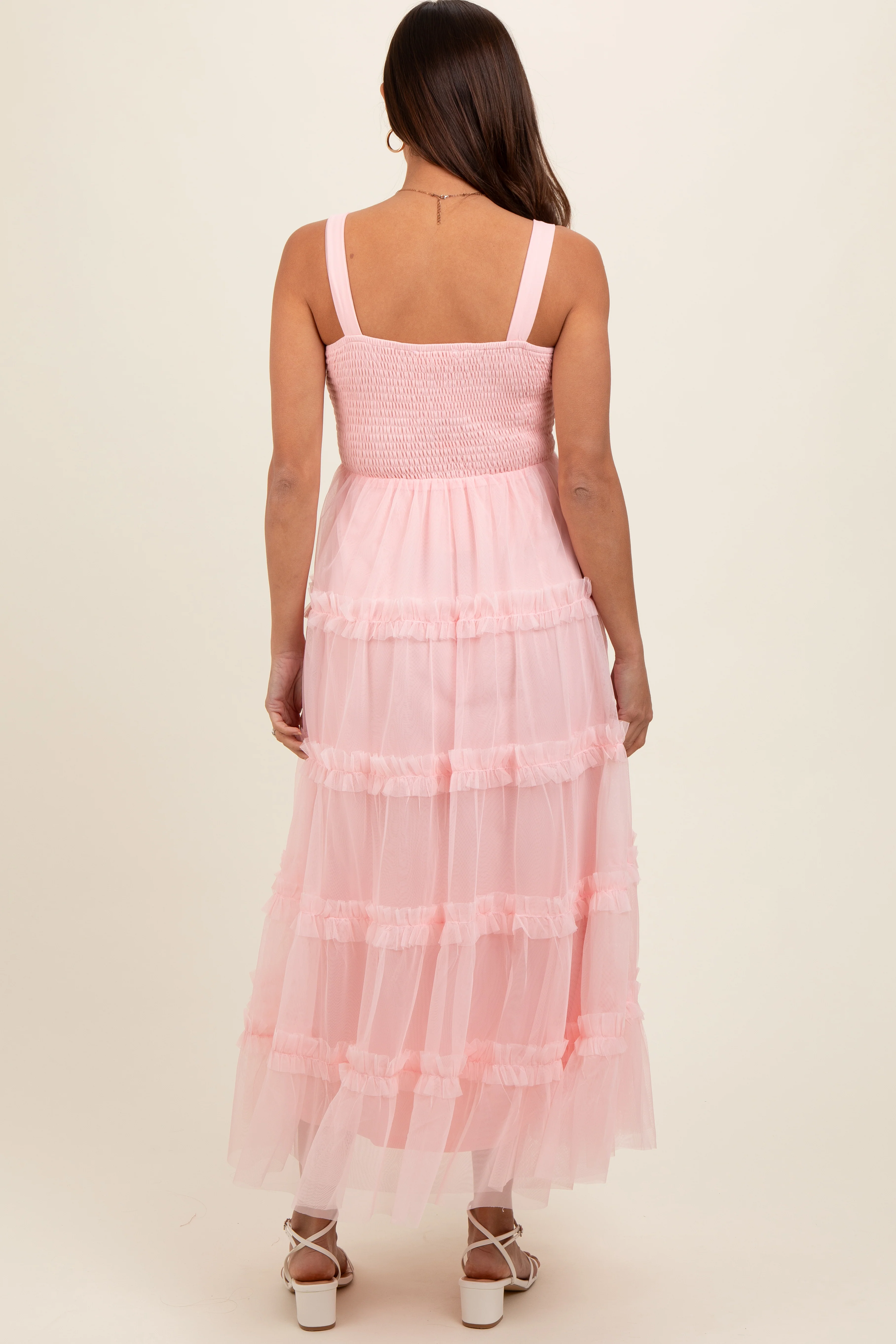 Light Pink Smocked Ruffle Tiered Tulle Maternity Midi Dress - Image 4