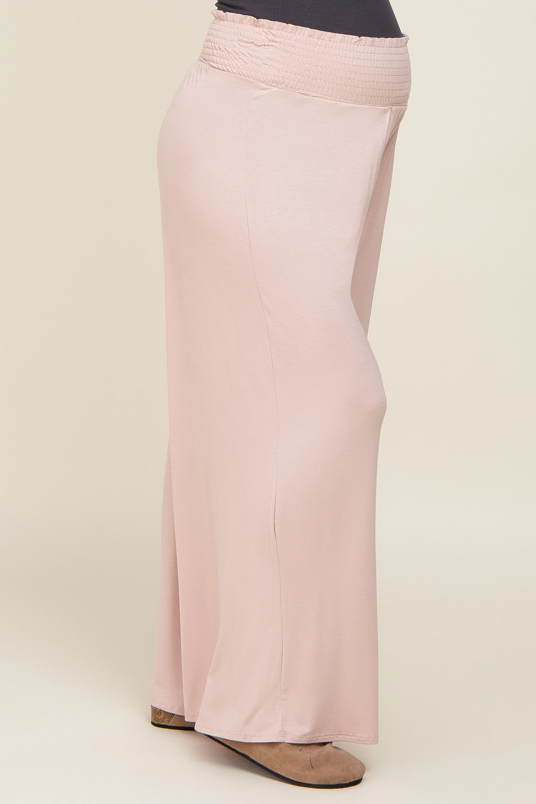 Light Pink Smocked Waist Flowy Maternity Pants - Image 3