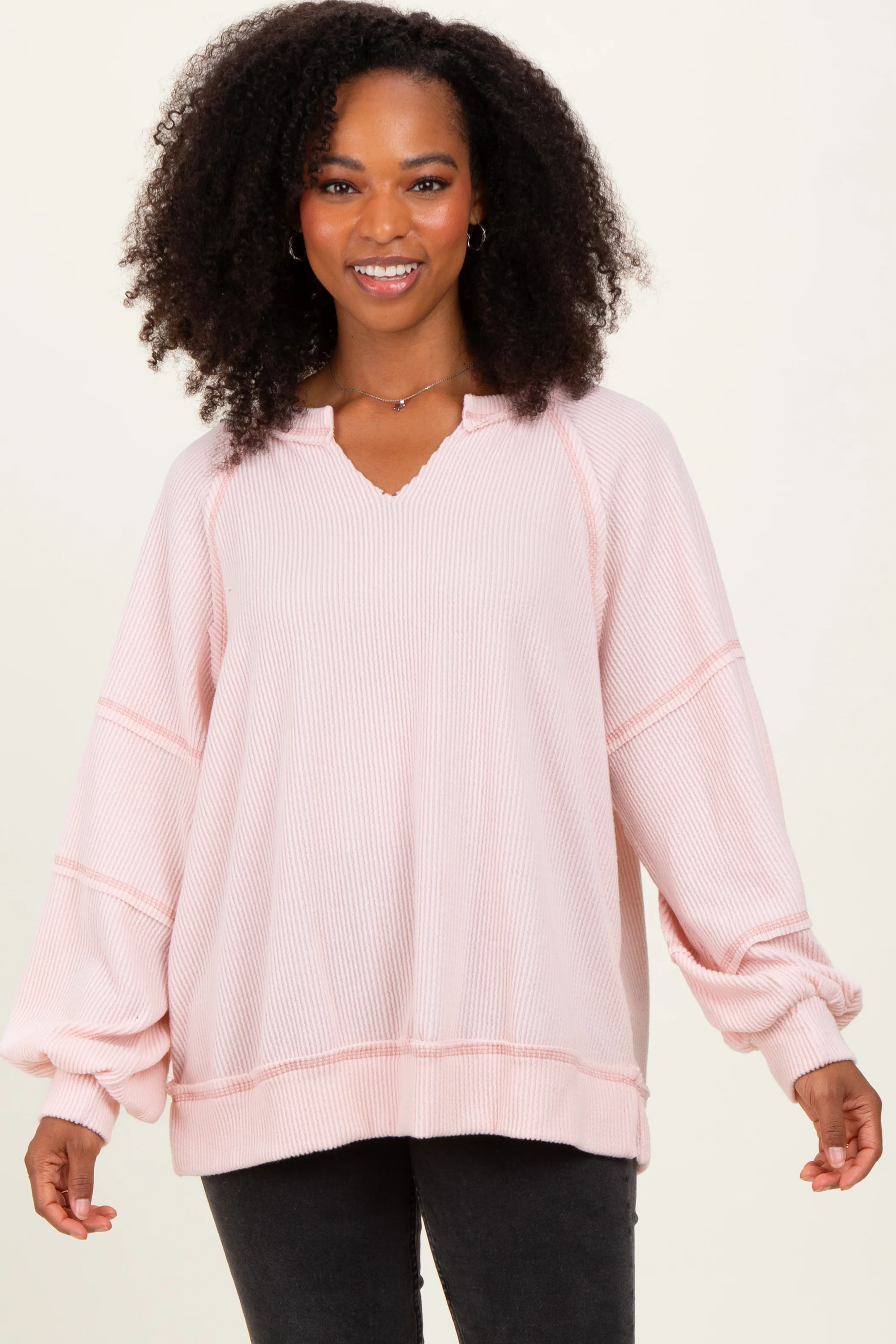 Light Pink Solid Rib Long Sleeve V-Neck Oversized Maternity Tunic Top - Image 5