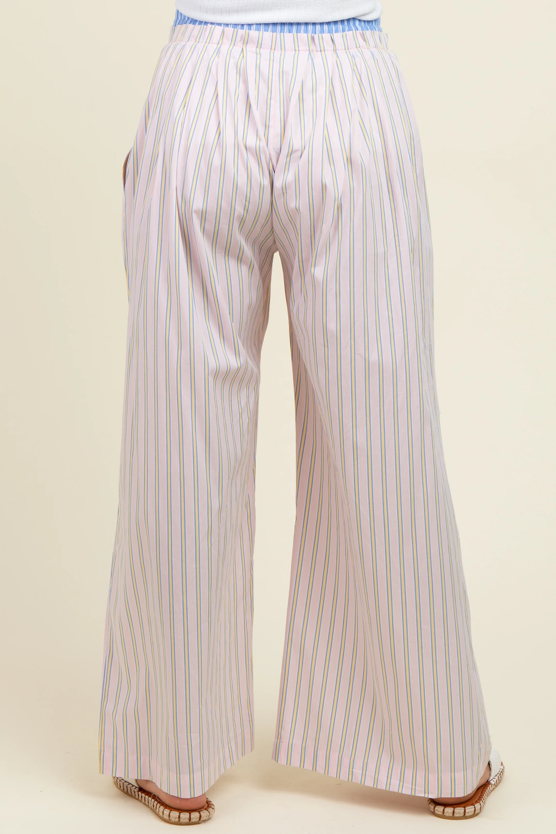 Light Pink Striped Drawstring Wide Leg Maternity Pants - Image 4