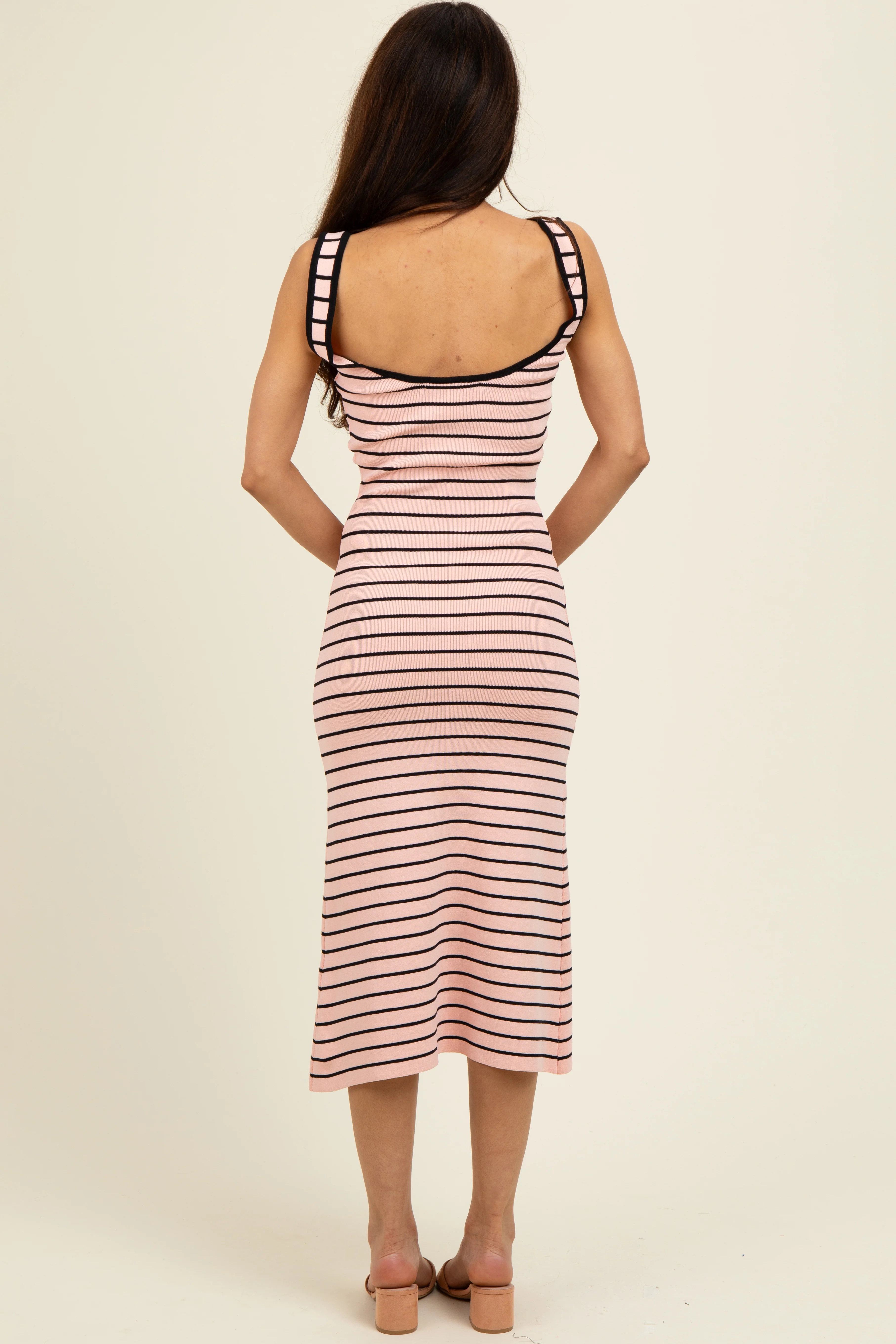 Light Pink Striped Knit Square Neck Midi Dress - Image 4