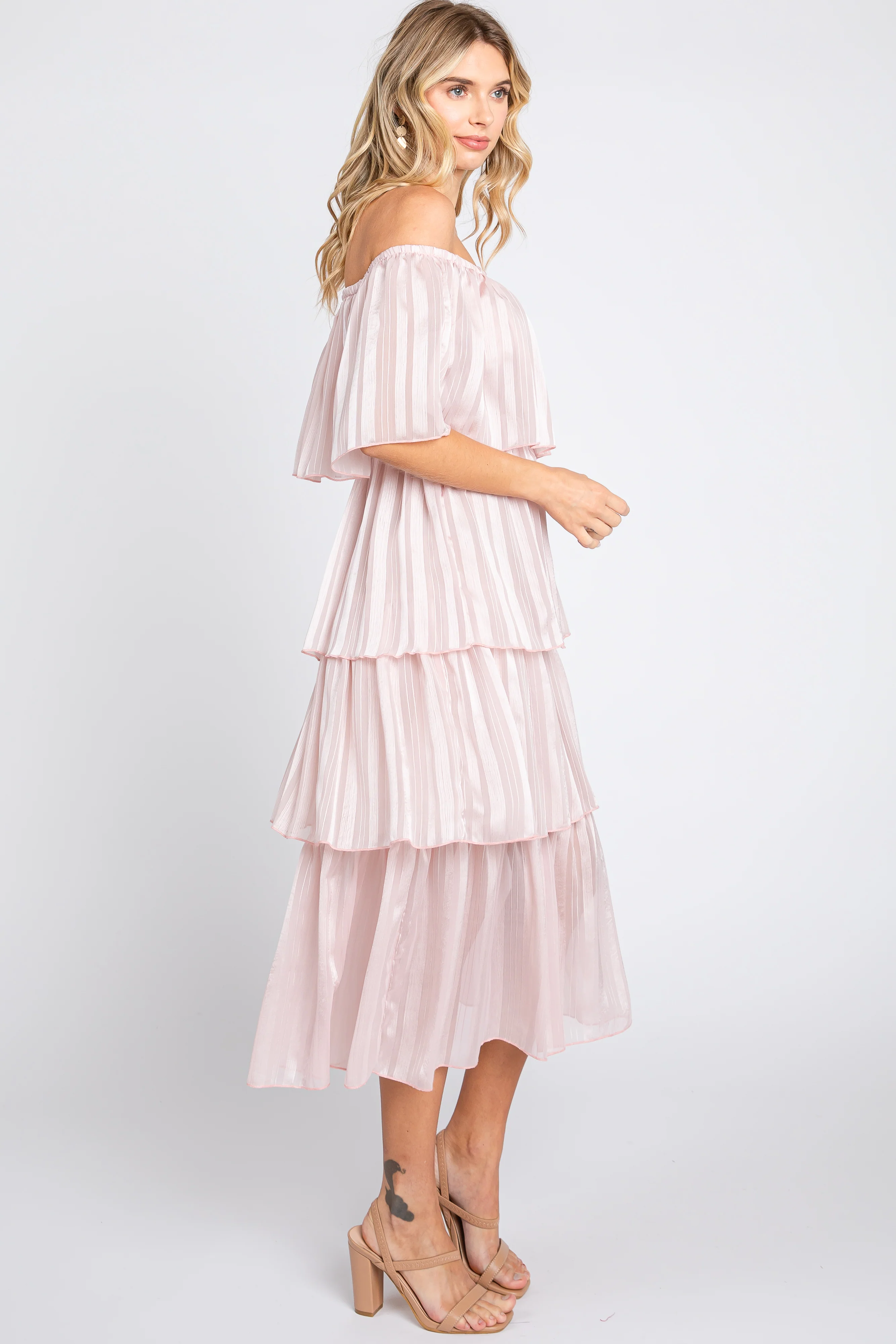 Light Pink Striped Layered Midi Dress - Image 2