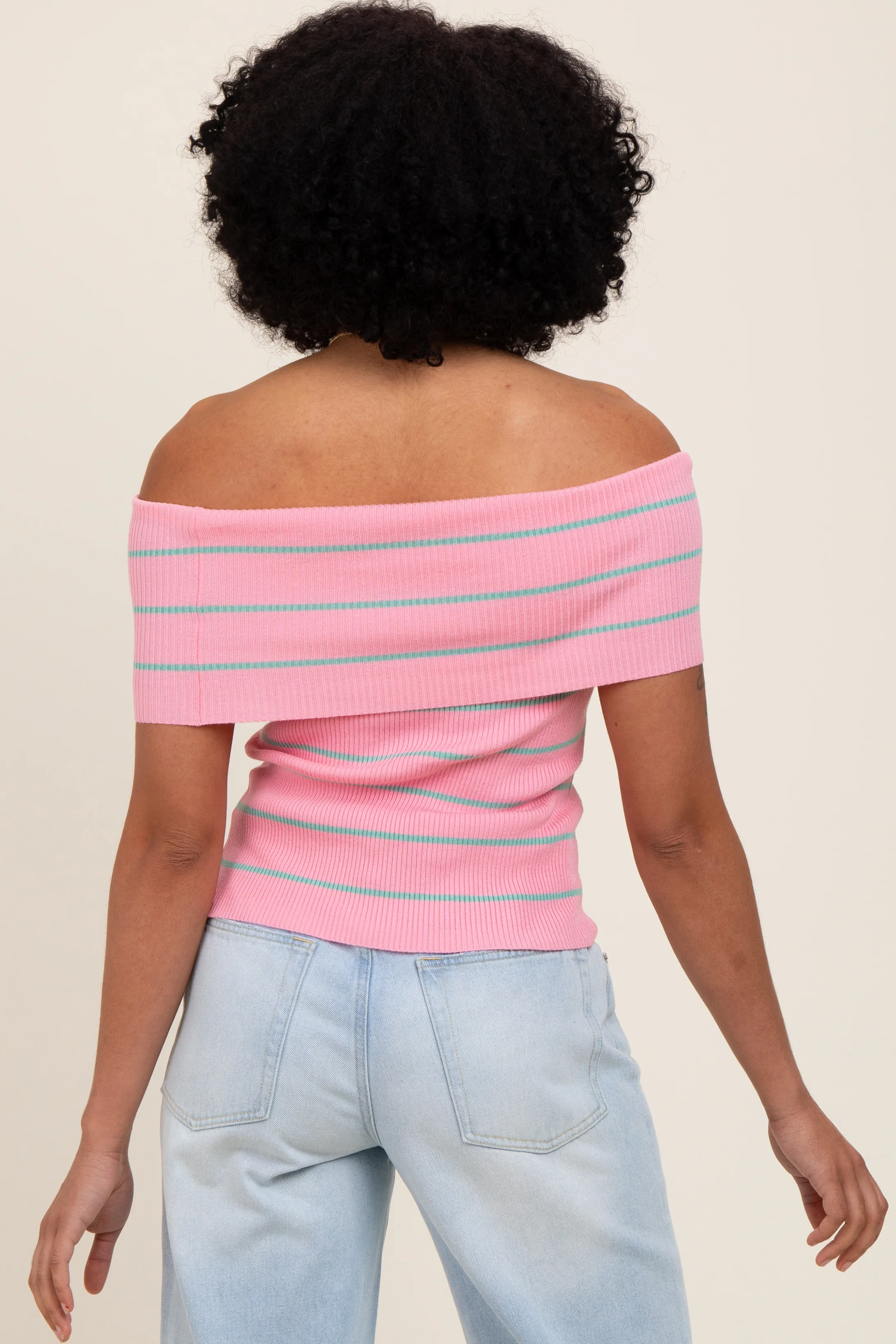 Light Pink Striped Off The Shoulder Sweater Top - Image 3