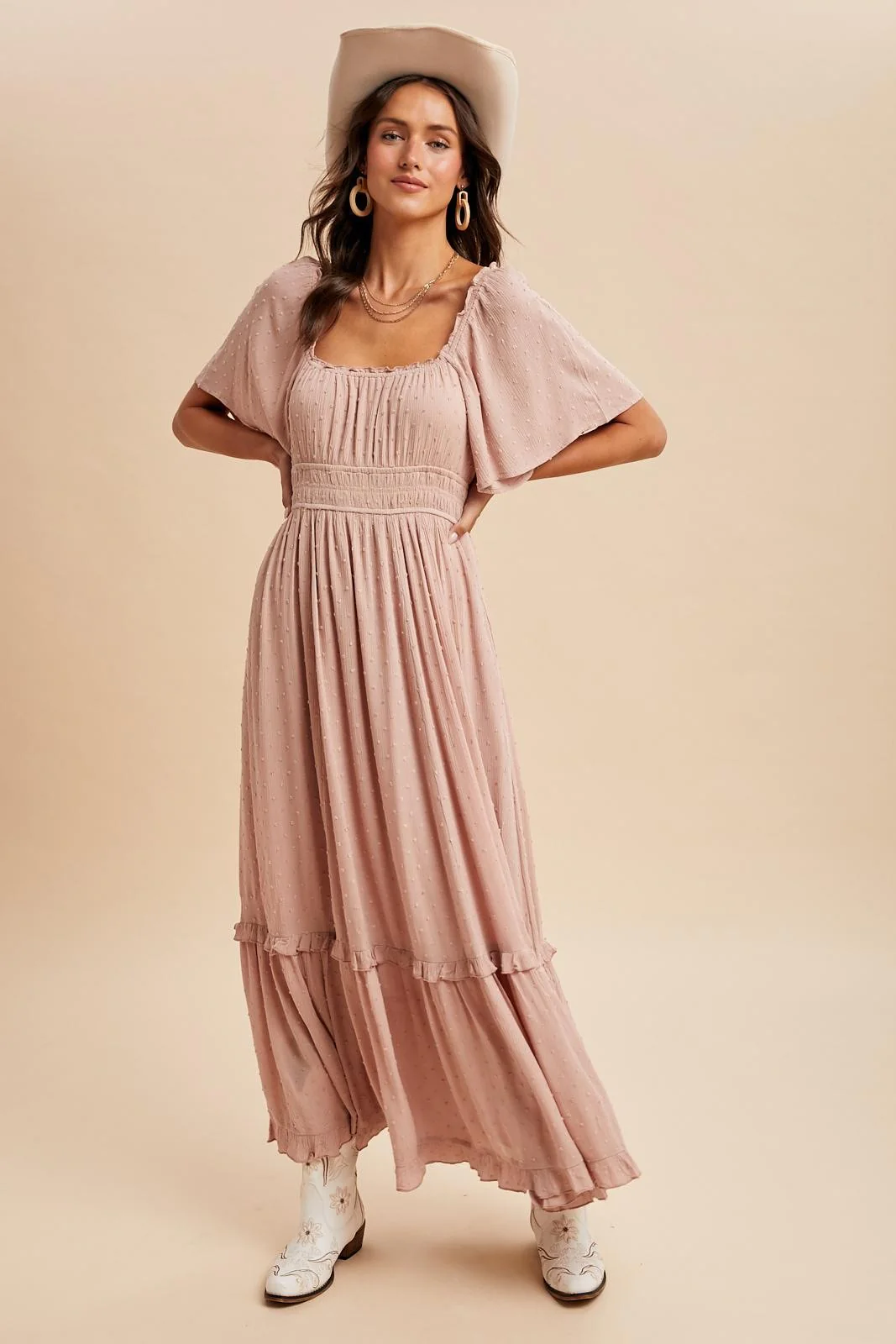 Light Pink Swiss Dot Ruffle Trim Maxi Dress - Image 2