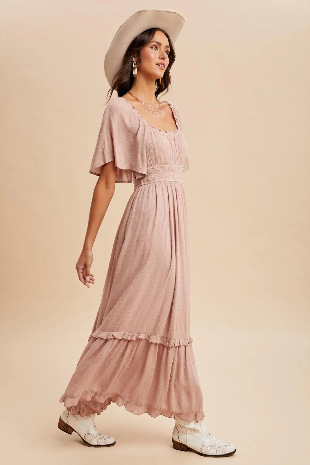 Light Pink Swiss Dot Ruffle Trim Maxi Dress - Image 3