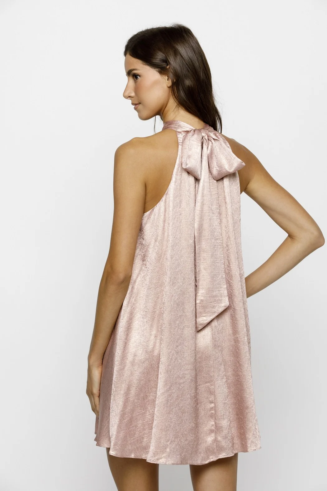 Light Pink Textured Satin Bow Tie Mini Dress - Image 3