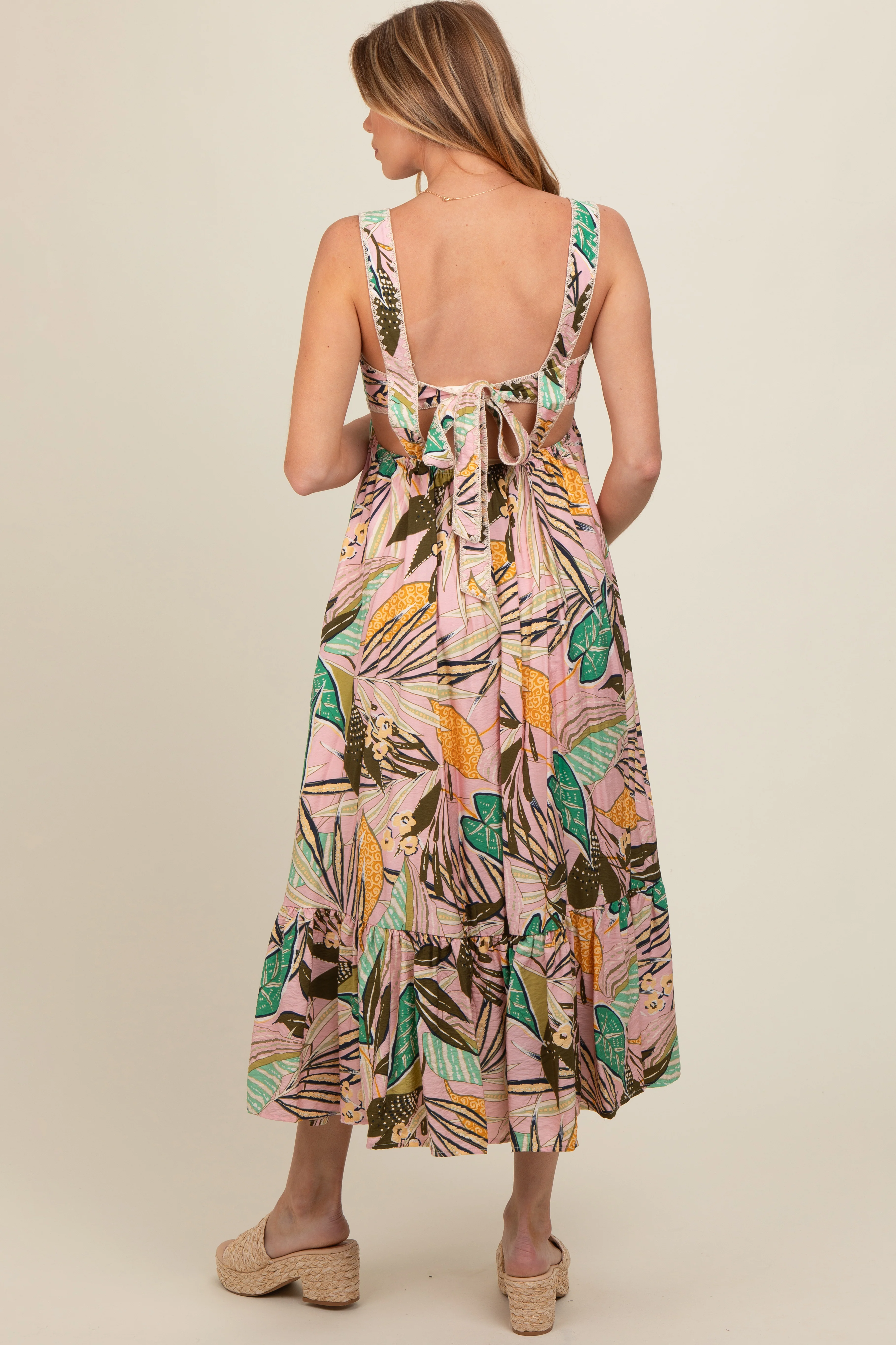 Light Pink Tropical Back Tie Cutout Maternity Maxi Dress - Image 4