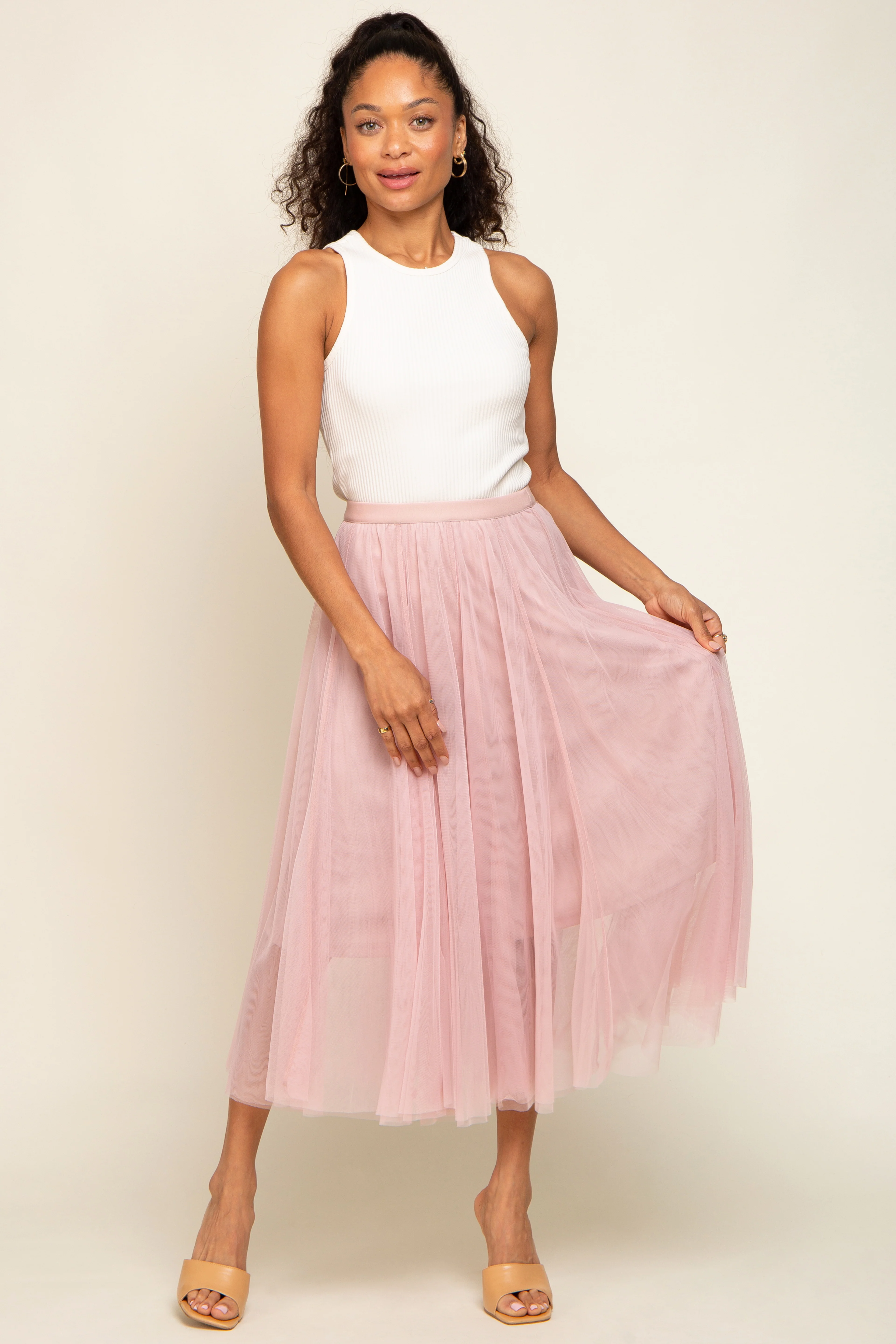 Light Pink Tulle Maternity Midi Skirt - Image 7