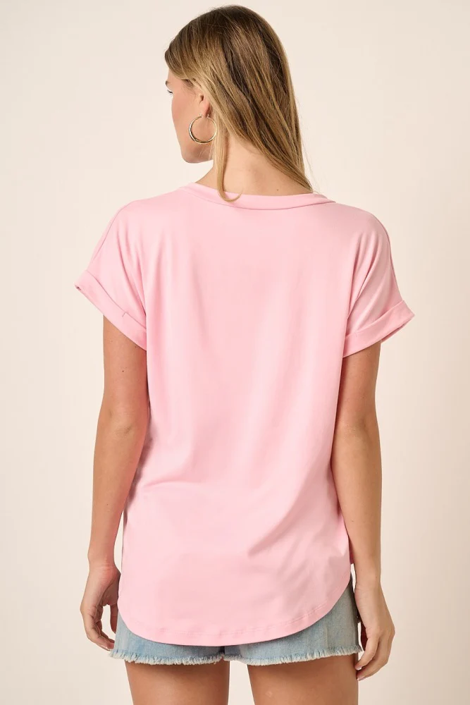 Light Pink V-Neck Pocket Short Sleeve Shirt - Image 3