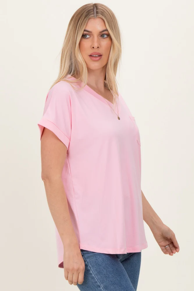 Light Pink V-Neck Pocket Short Sleeve Shirt - Image 5
