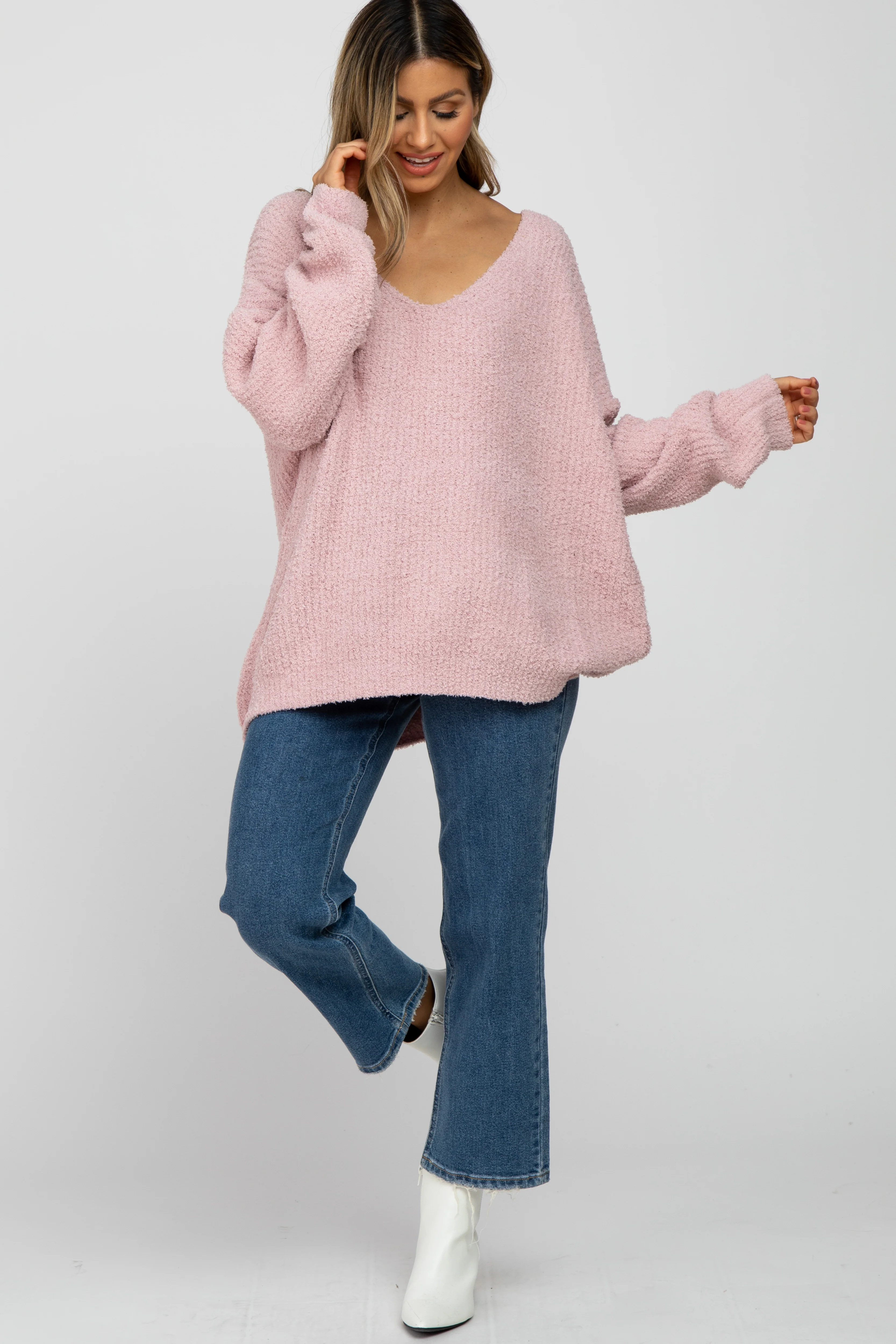 Light Pink V-Neck Soft Sweater - Image 3