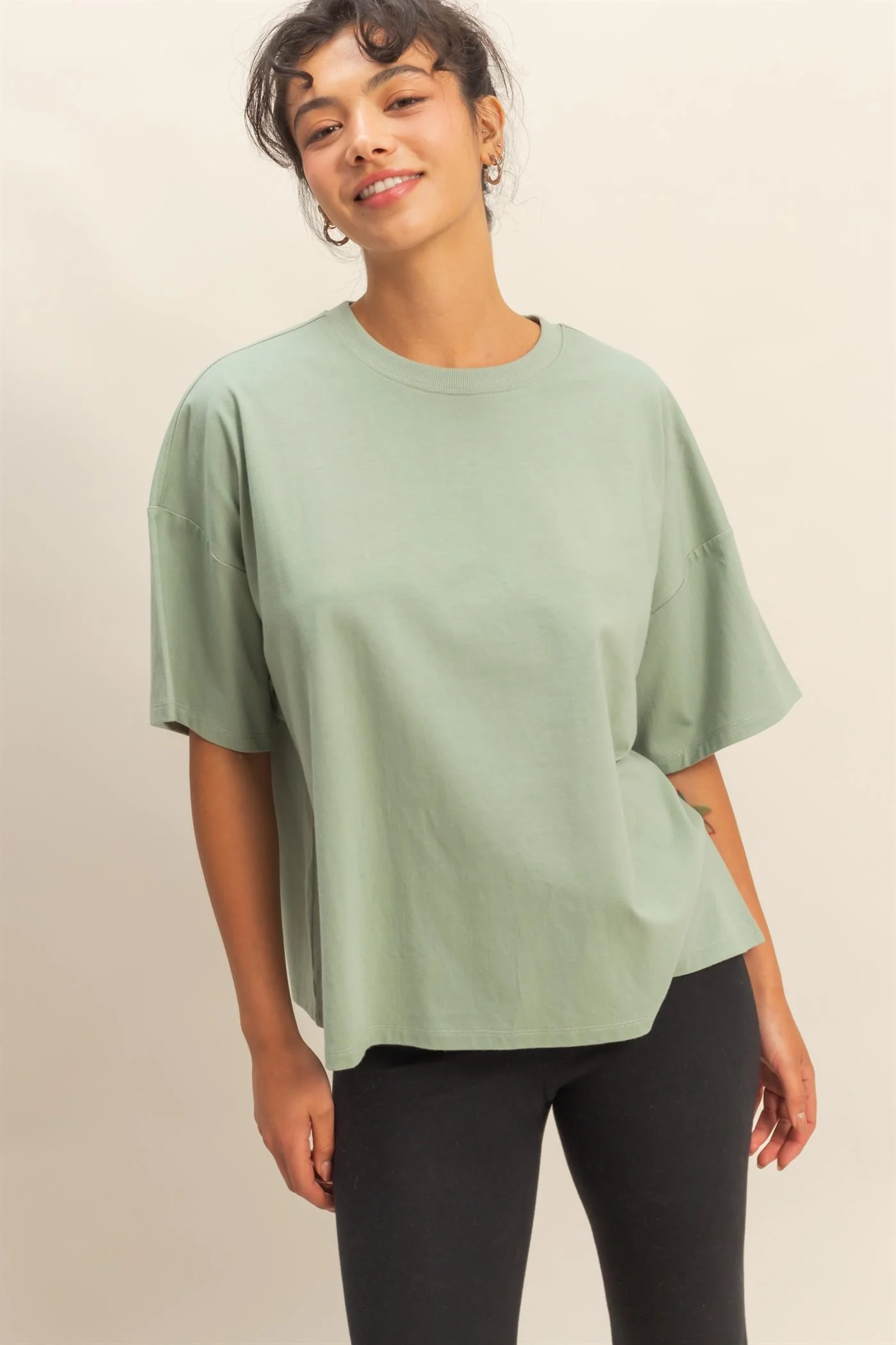 Light Sage Crew Neck Short Sleeve Oversized T-Shirt - Image 3