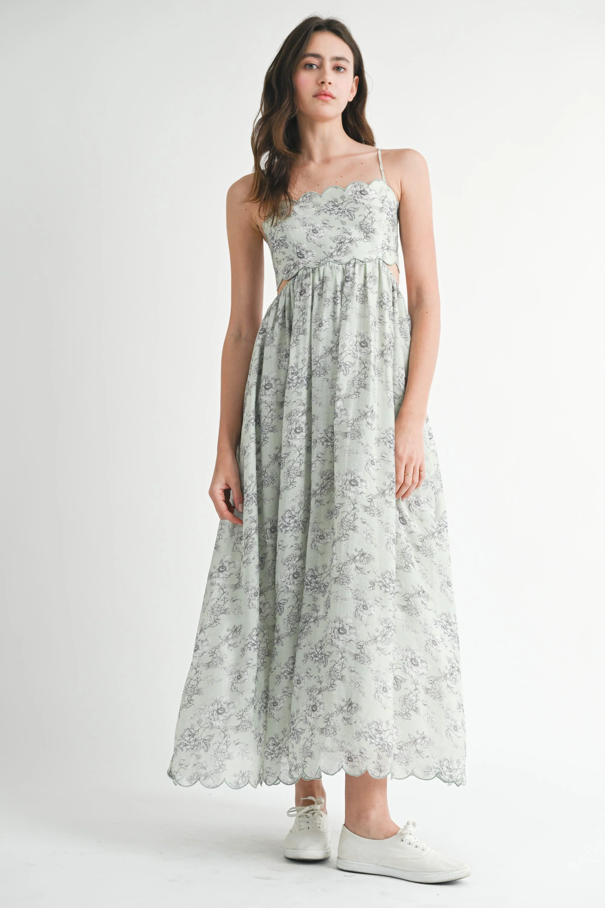 Light Sage Floral Scallop Edge Back Cutout Maxi Dress - Image 2