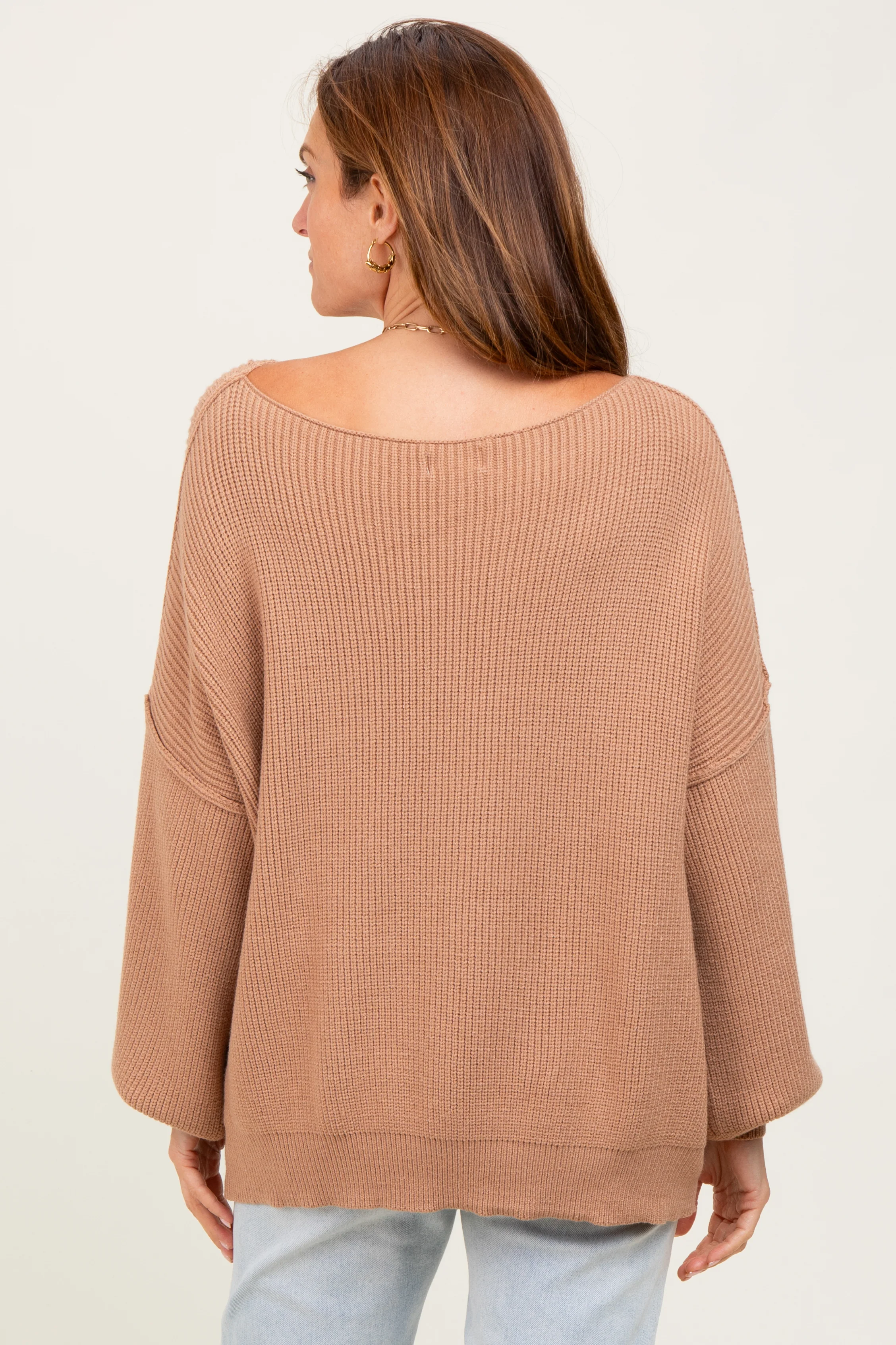 Light Taupe Balloon Sleeve Boat Neck Knit Sweater - Image 6