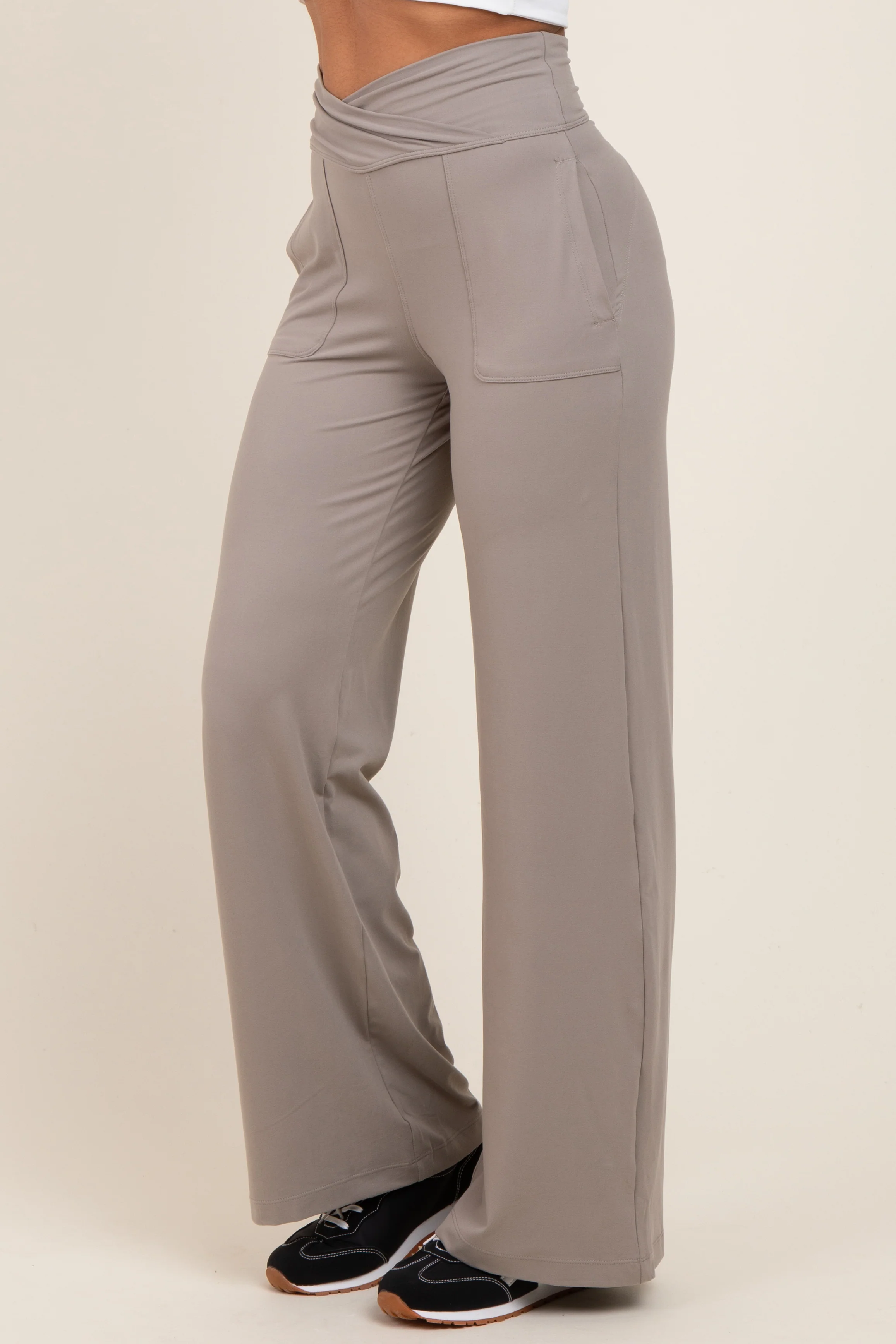 Light Taupe Crossover Waist Active Wide Leg Pant - Image 3