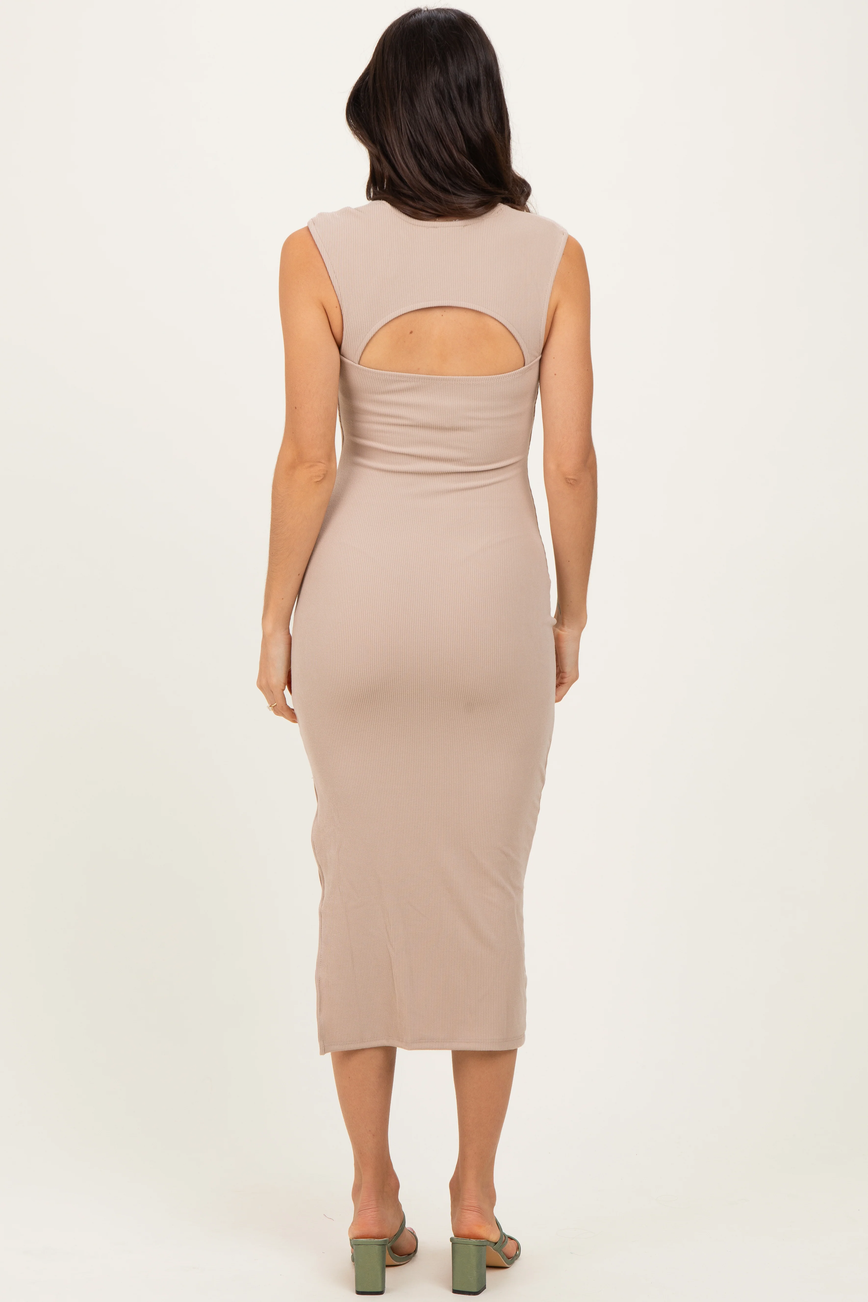 Light Taupe Cutout Fitted Midi Dress - Image 4