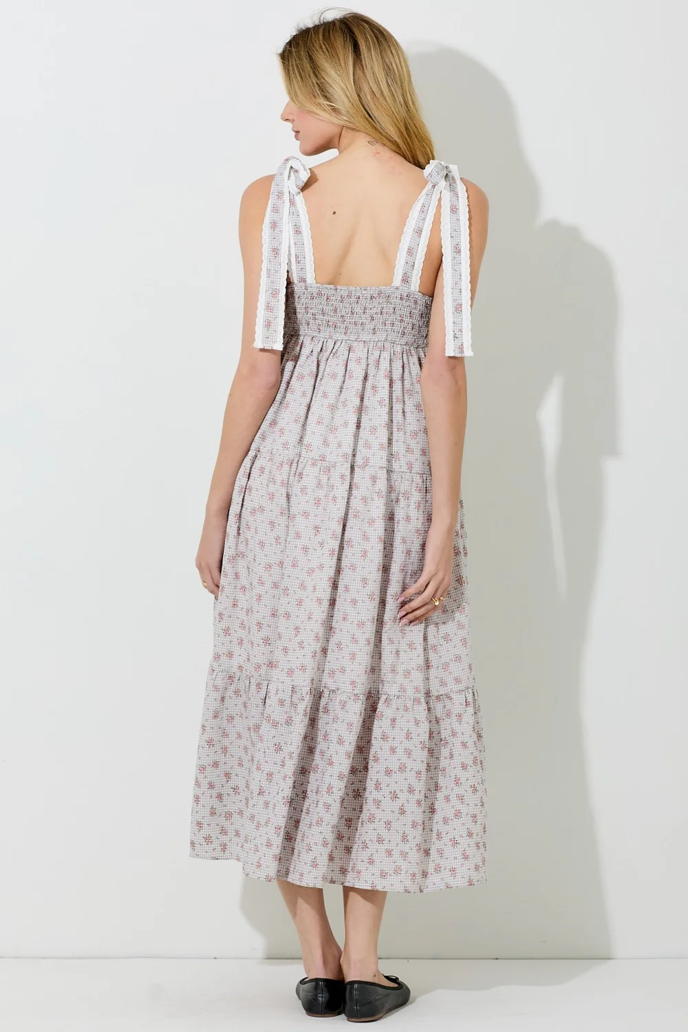 Light Taupe Floral Gingham Shoulder Tie Midi Dress - Image 3