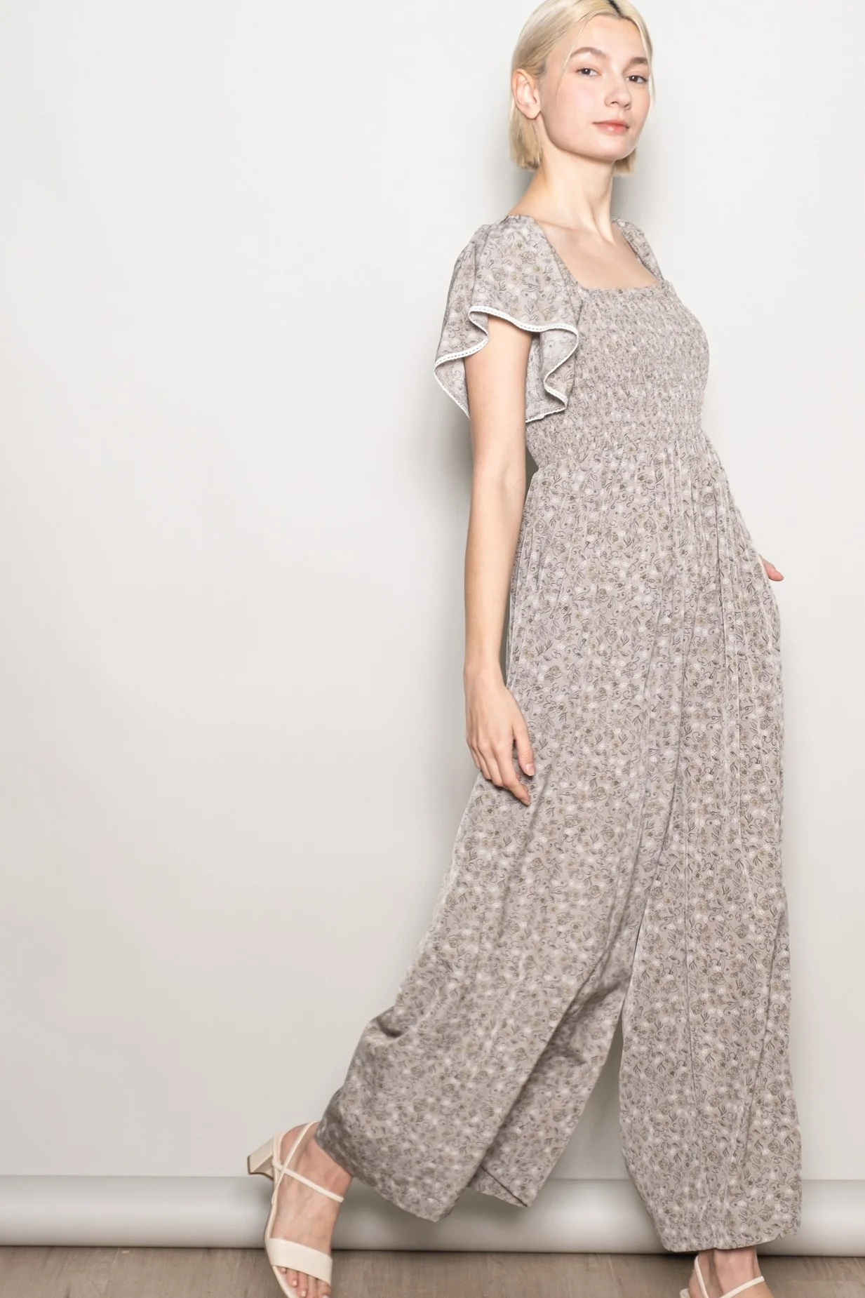 Light Taupe Floral Smocked Lace Trim Wide Leg Jumpsuit - Image 3