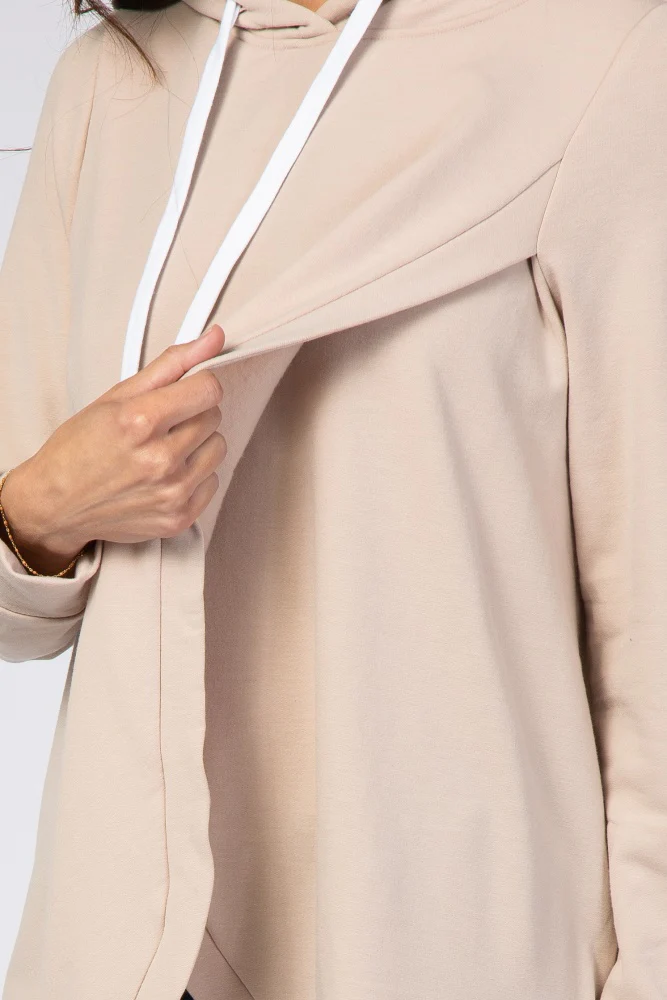 Light Taupe Layered Front Nursing Fleece Hoodie - Image 4