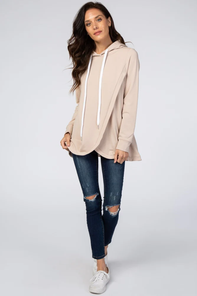 Light Taupe Layered Front Nursing Fleece Hoodie - Image 5
