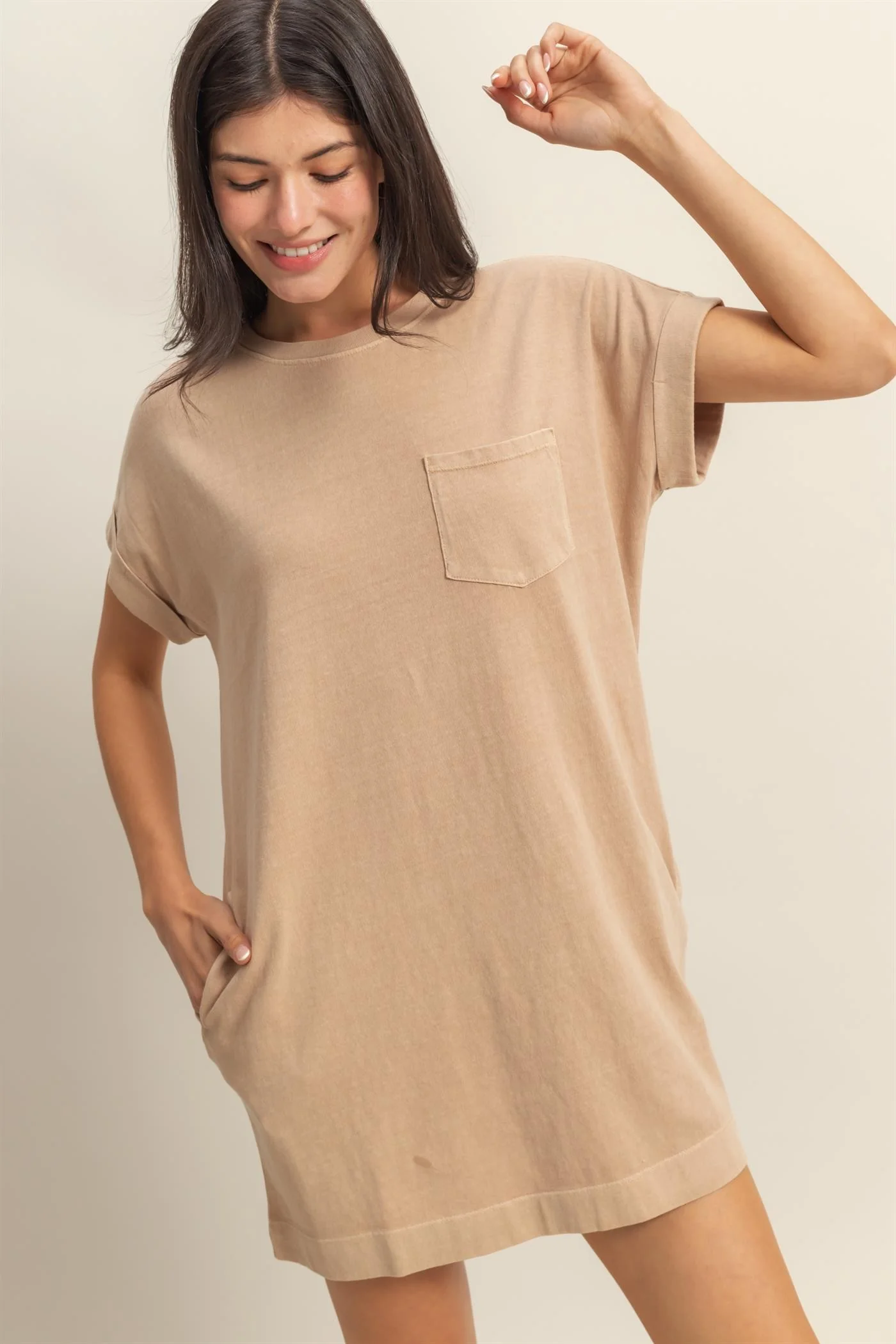 Light Taupe Maternity Mini T-Shirt Dress - Image 5