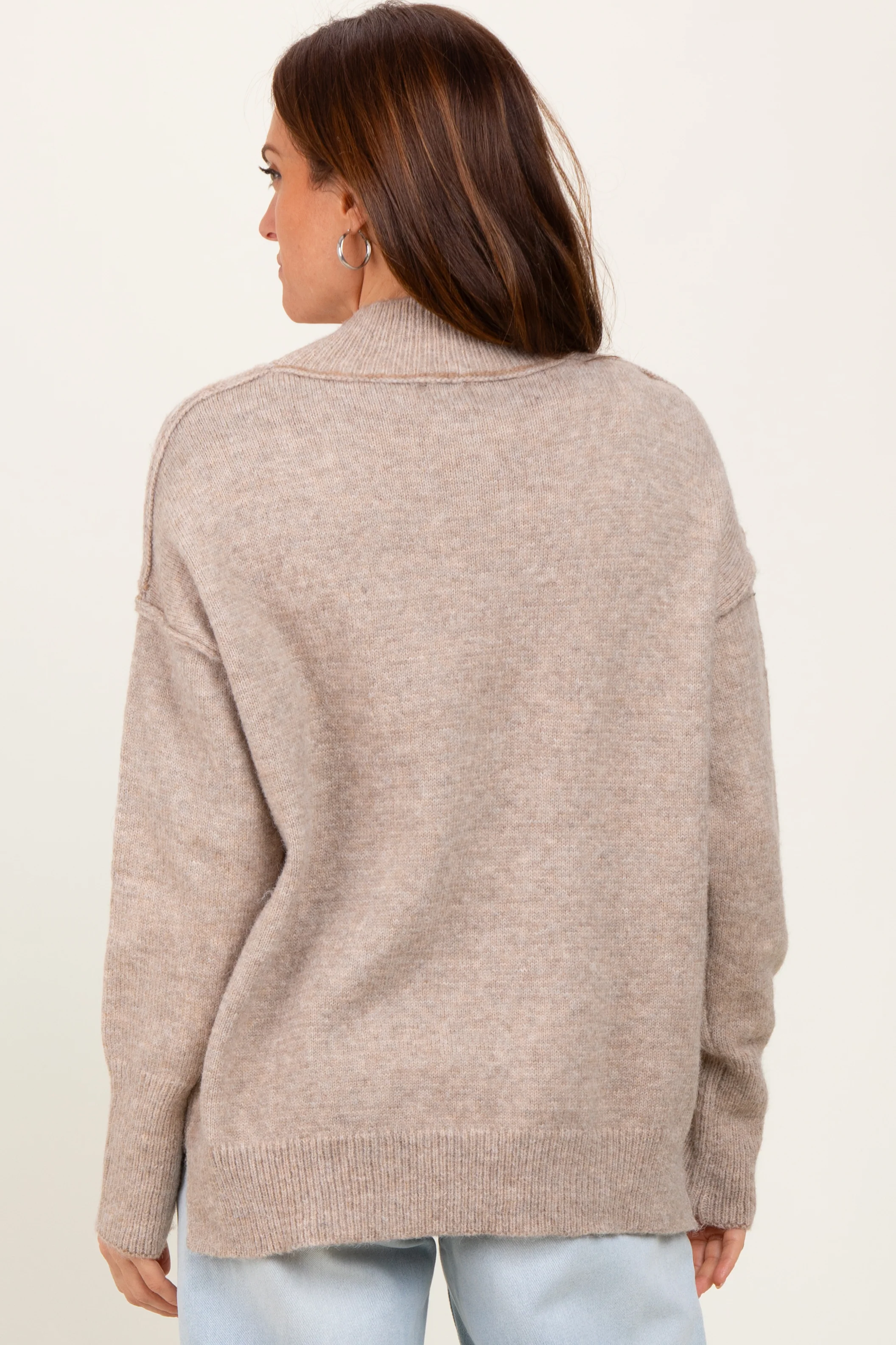 Light Taupe Mock Neck Contrast Seam Sweater - Image 4