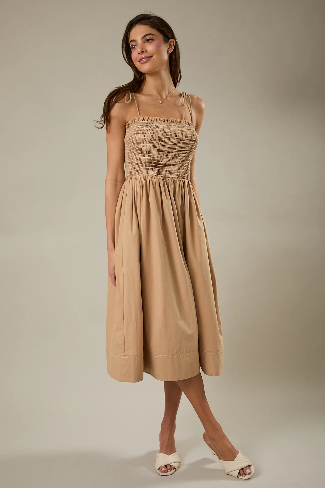 Light Taupe Shoulder Tie Smocked Maternity Midi Dress - Image 4