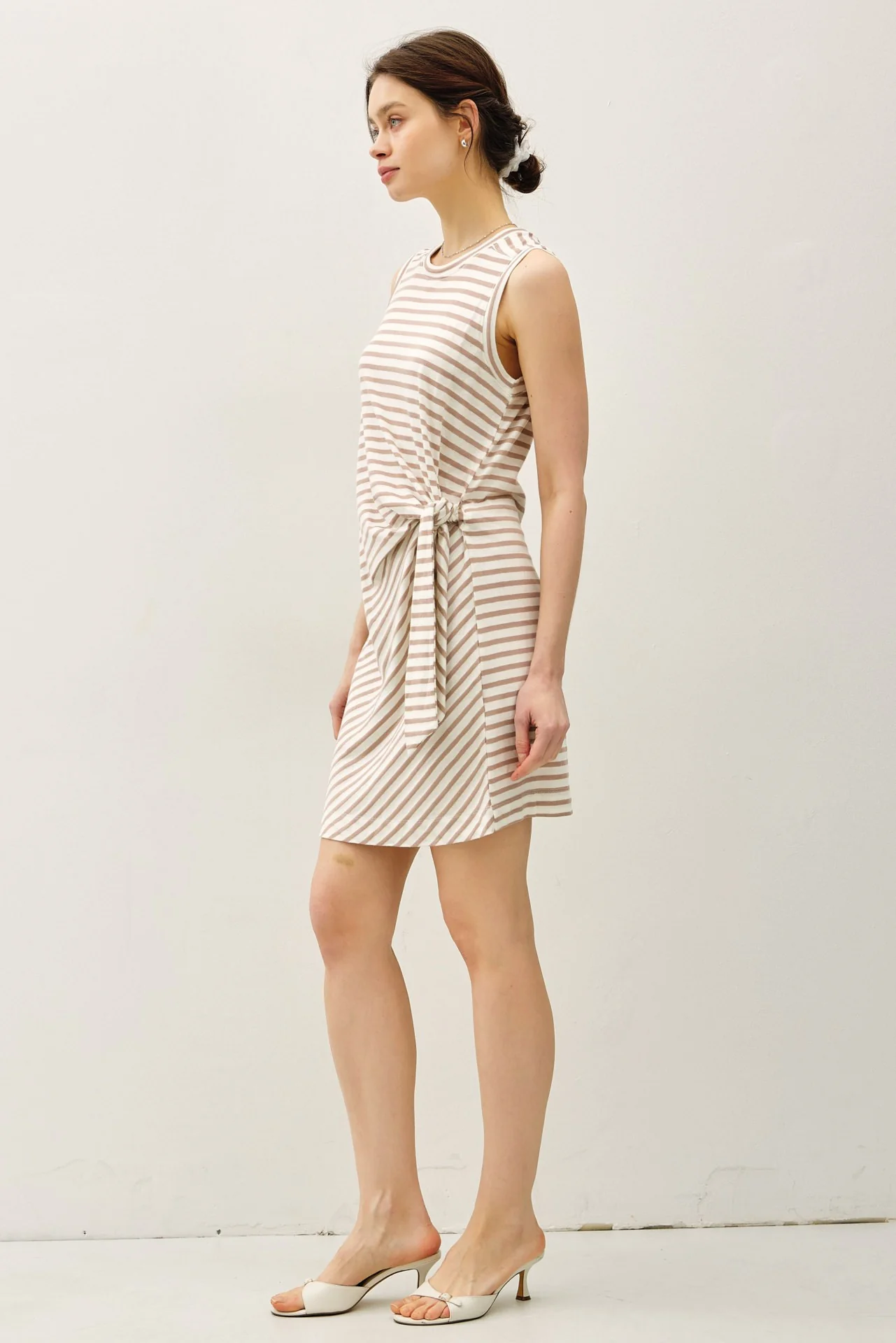 Light Taupe Striped Sleeveless Side Tie Mini Dress - Image 3