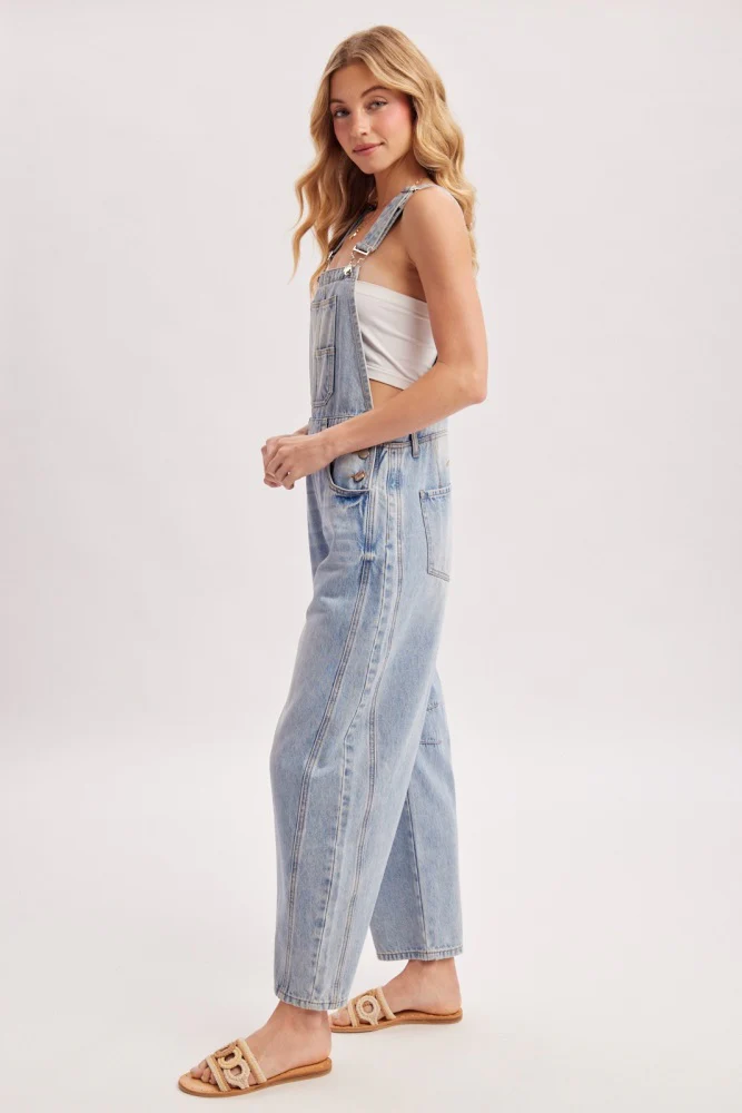 Light Wash Denim Barrel Overalls - Image 4