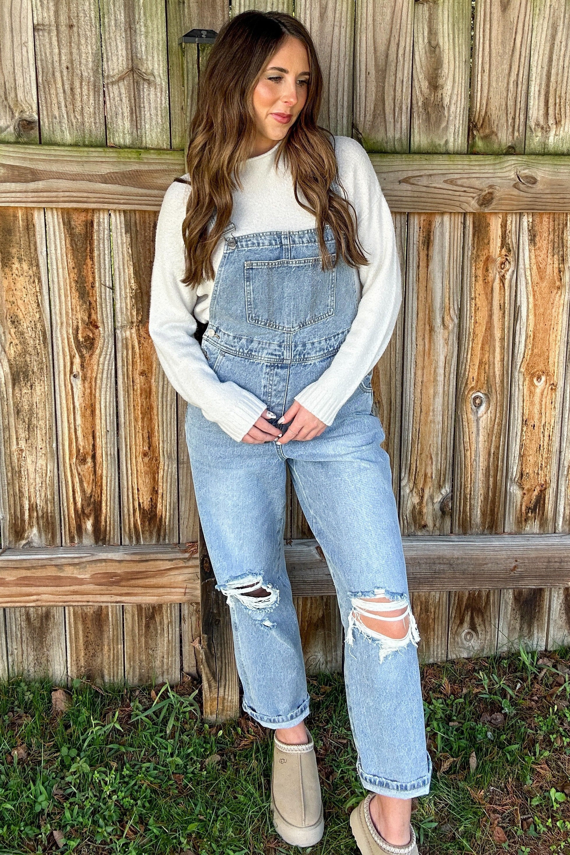 Light Wash Distressed Maternity Overalls - Image 7