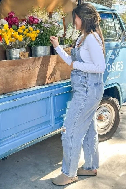 Light Wash Distressed Maternity Overalls - Image 8