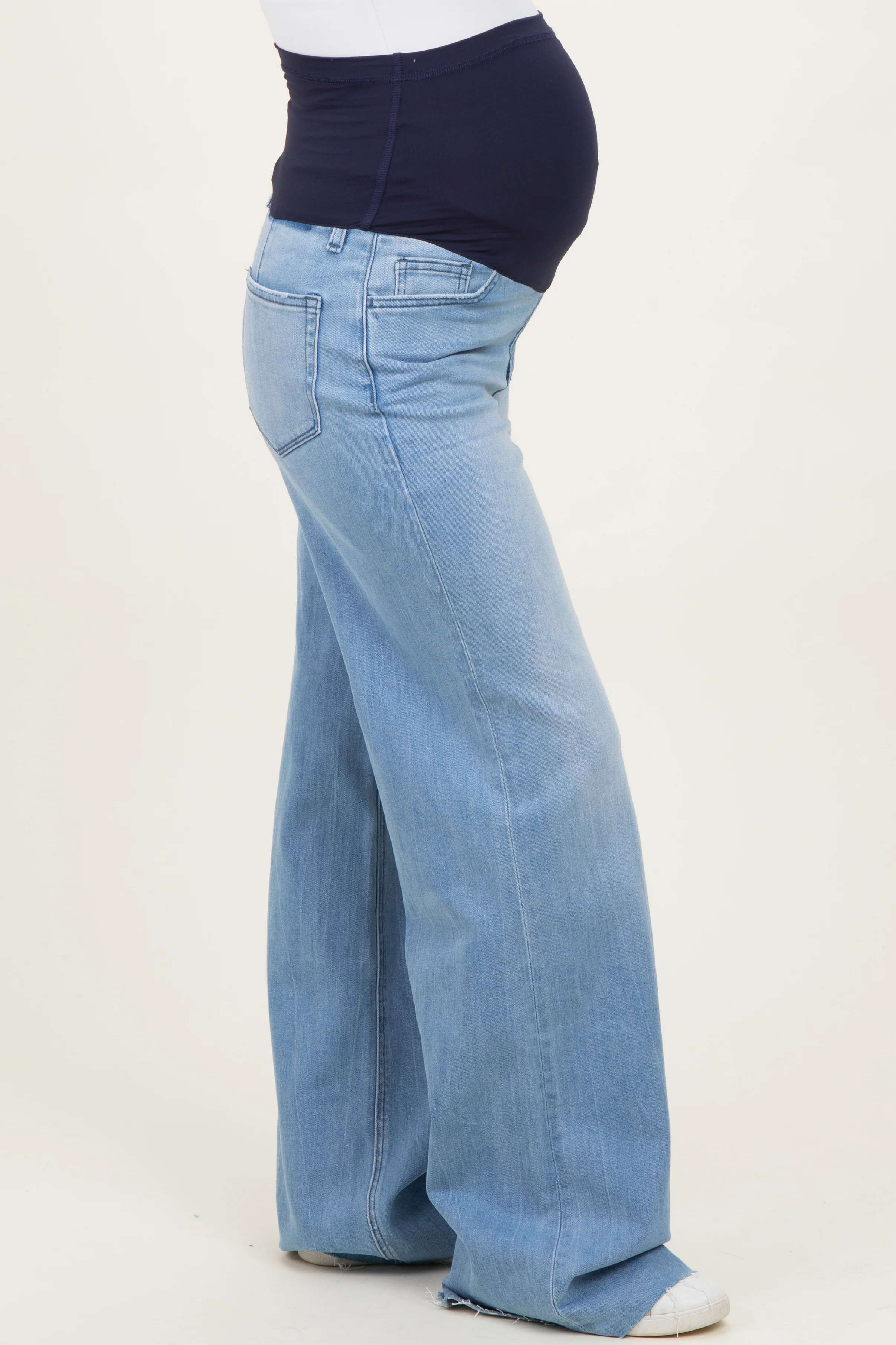 Light Wash Super High Rise Clean Cut Raw Hem Wide Leg Maternity Jeans - Image 4