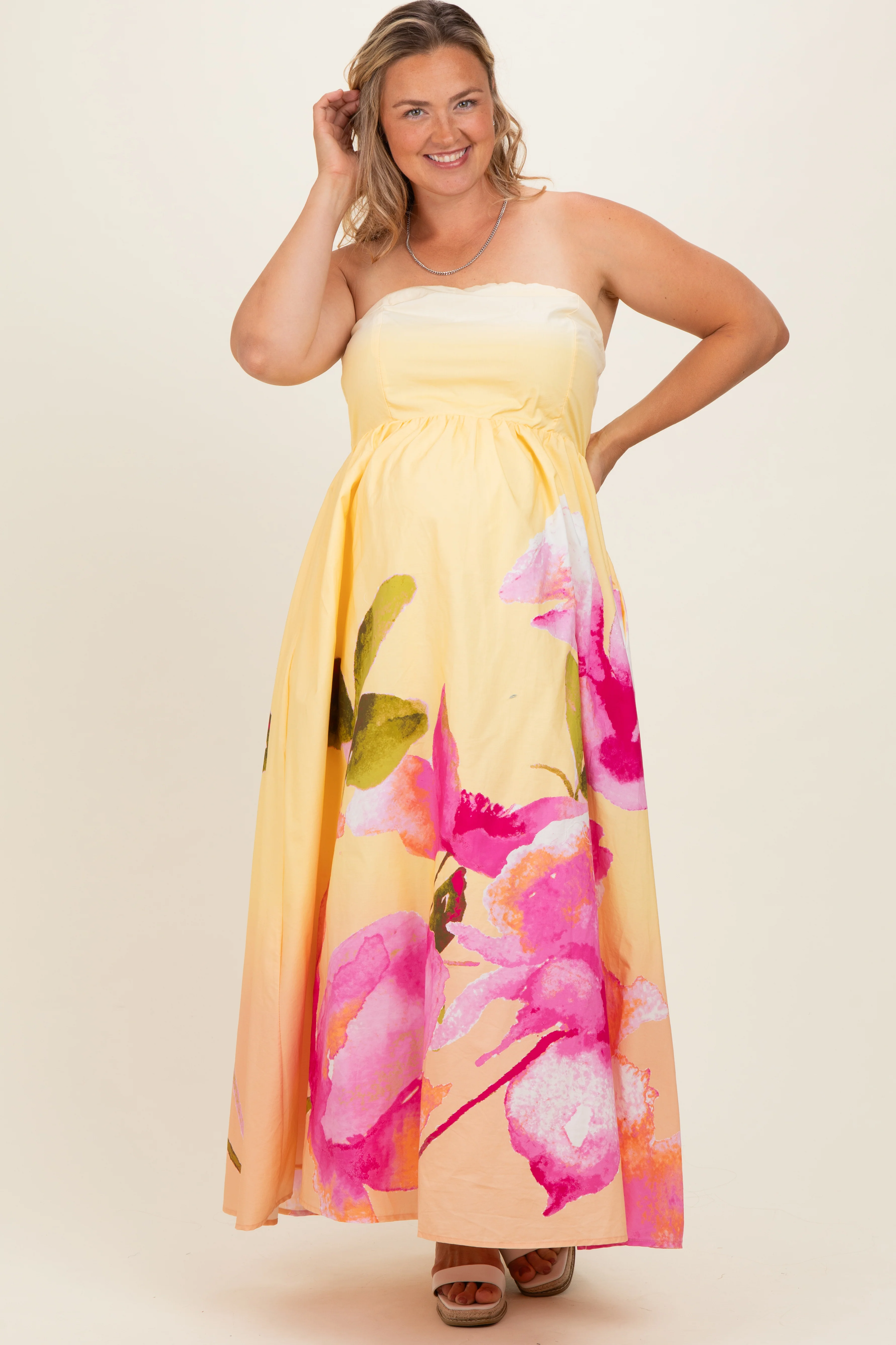 Light Yellow Floral Strapless Maternity Plus Maxi Dress - Image 2