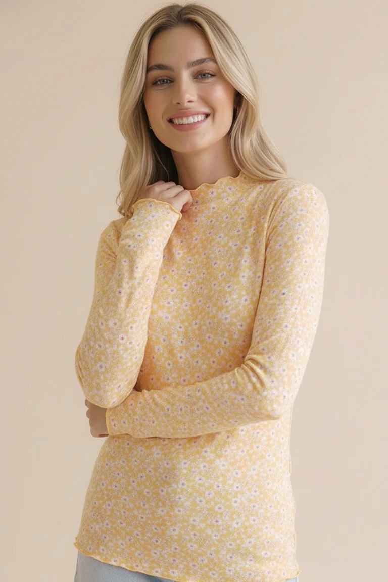 Light Yellow Long Sleeve Floral Print Top - Image 4