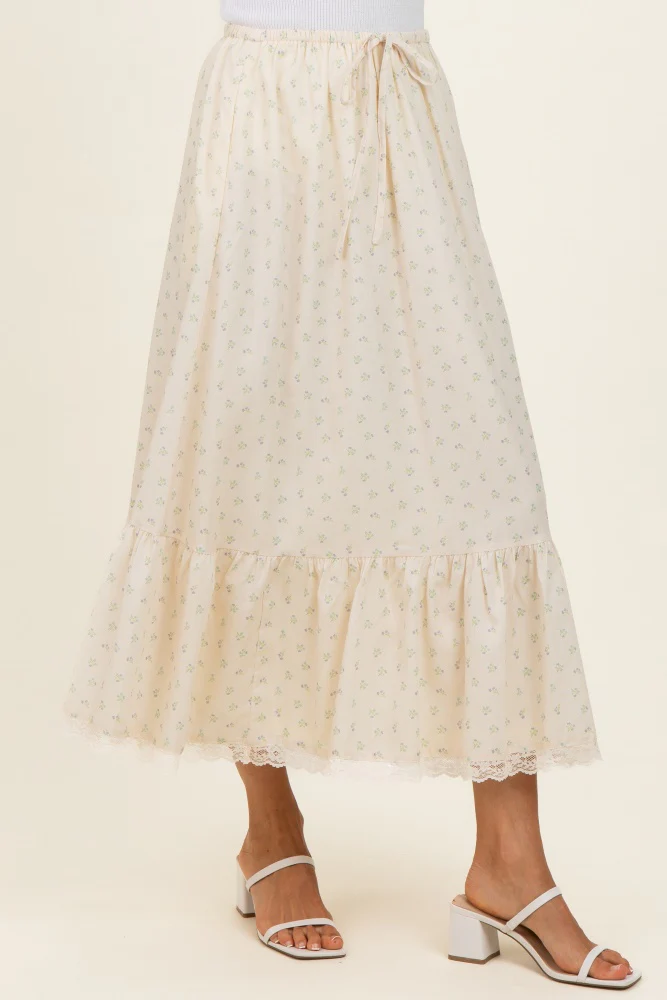Light Yellow Print Lace Trim Midi Skirt - Image 4