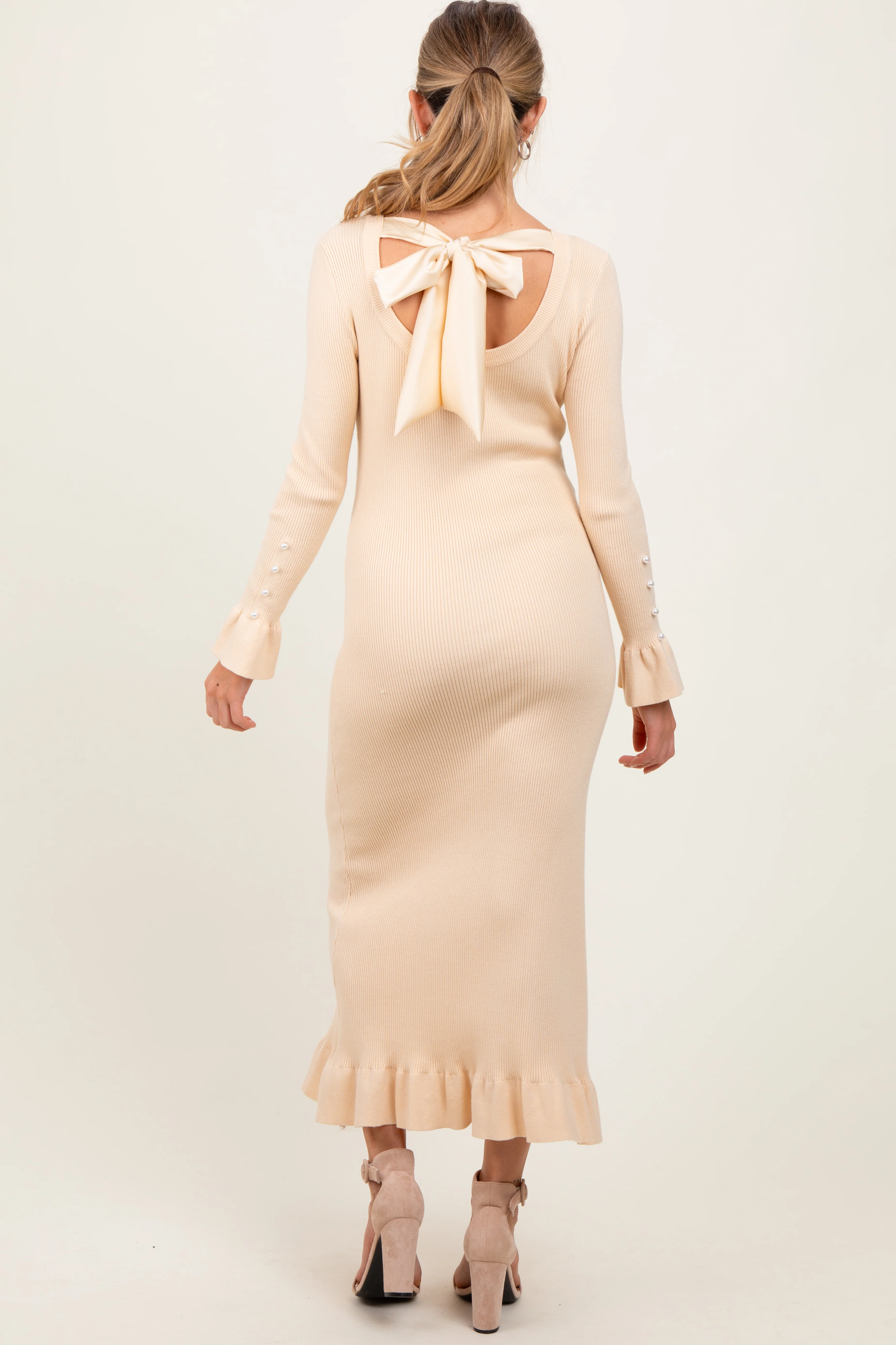 Light Yellow Ribbed Knit Bow Back Maternity Maxi Dress - Image 3