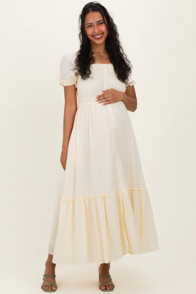 Light Yellow Smocked Button Down Maternity Maxi Dress - Image 3
