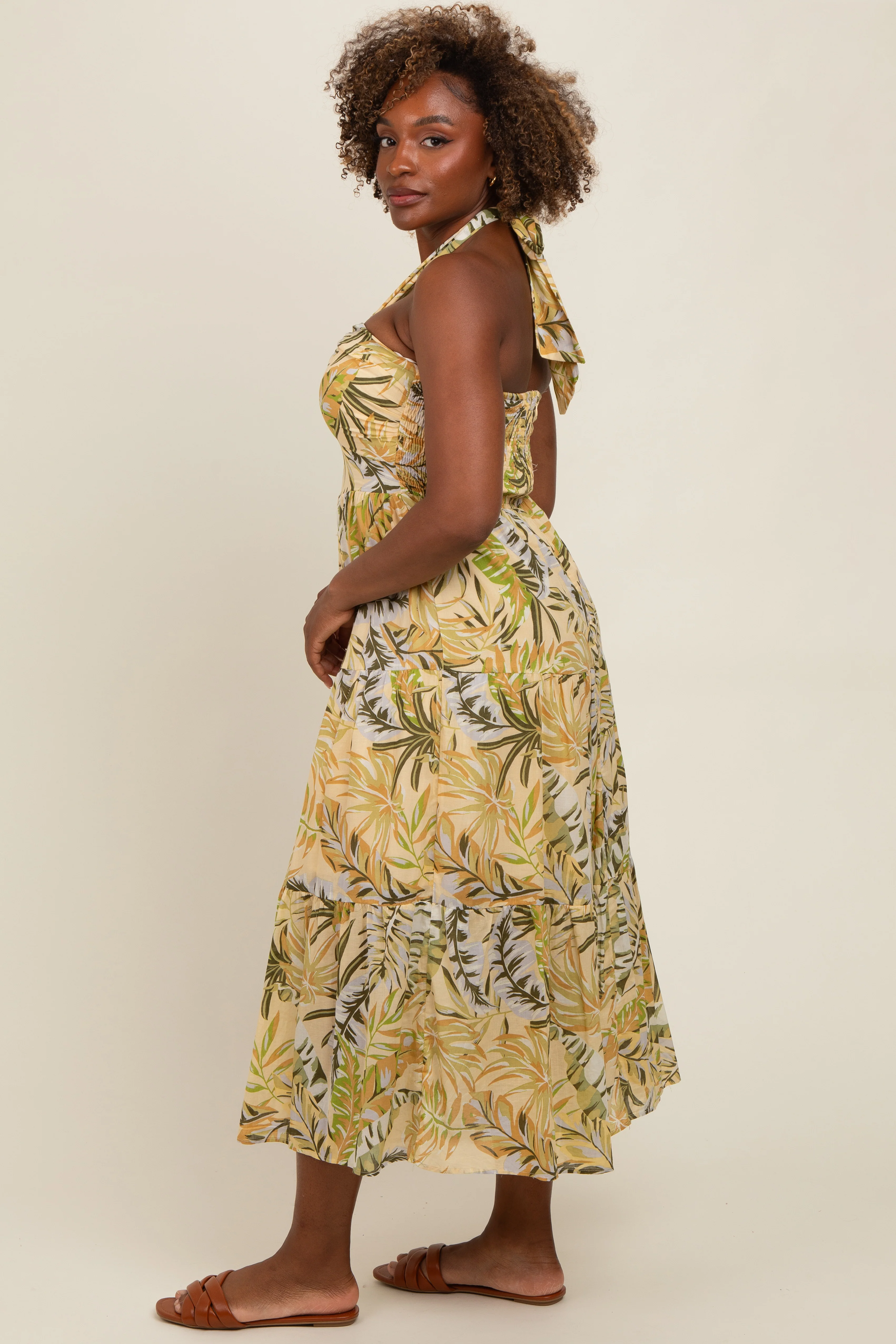 Light Yellow Tropical Halter Maxi Dress - Image 2