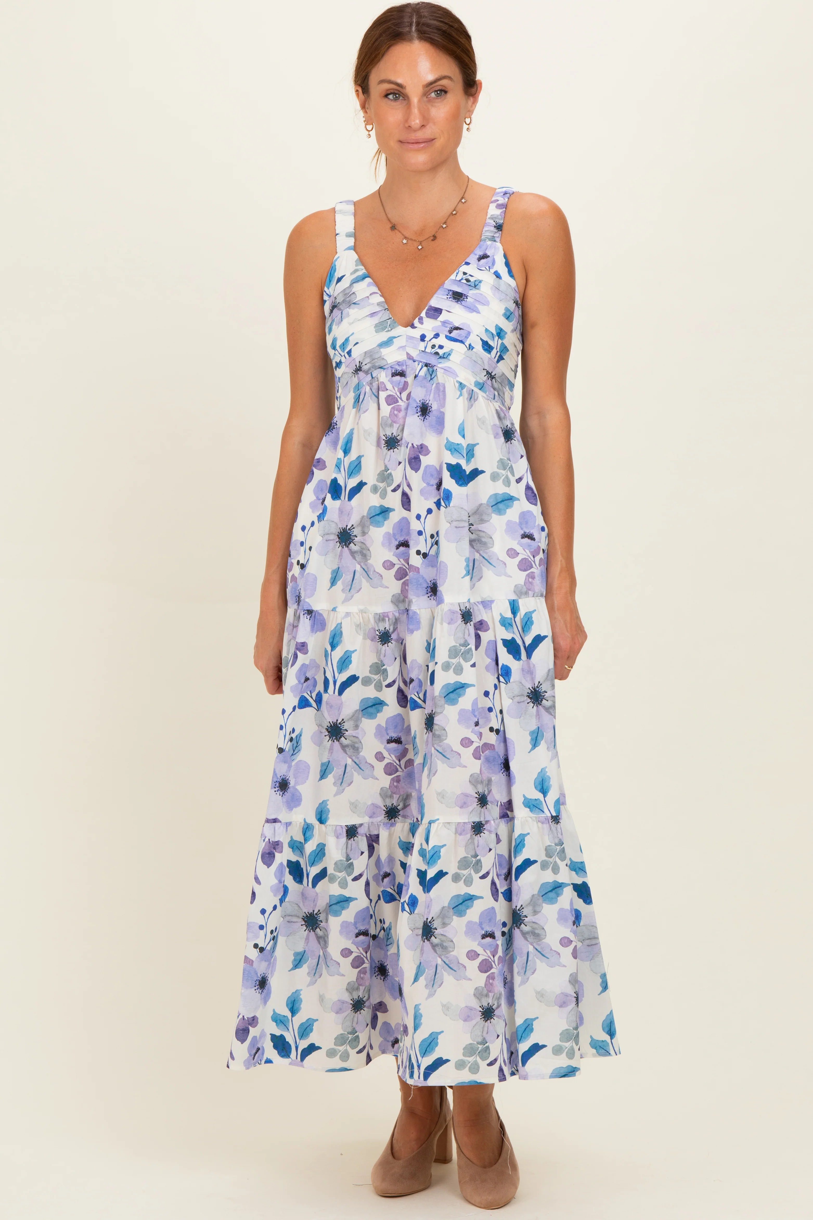 Lilac Blue Floral Pleated Bust Tiered Maternity Maxi Dress - Image 4