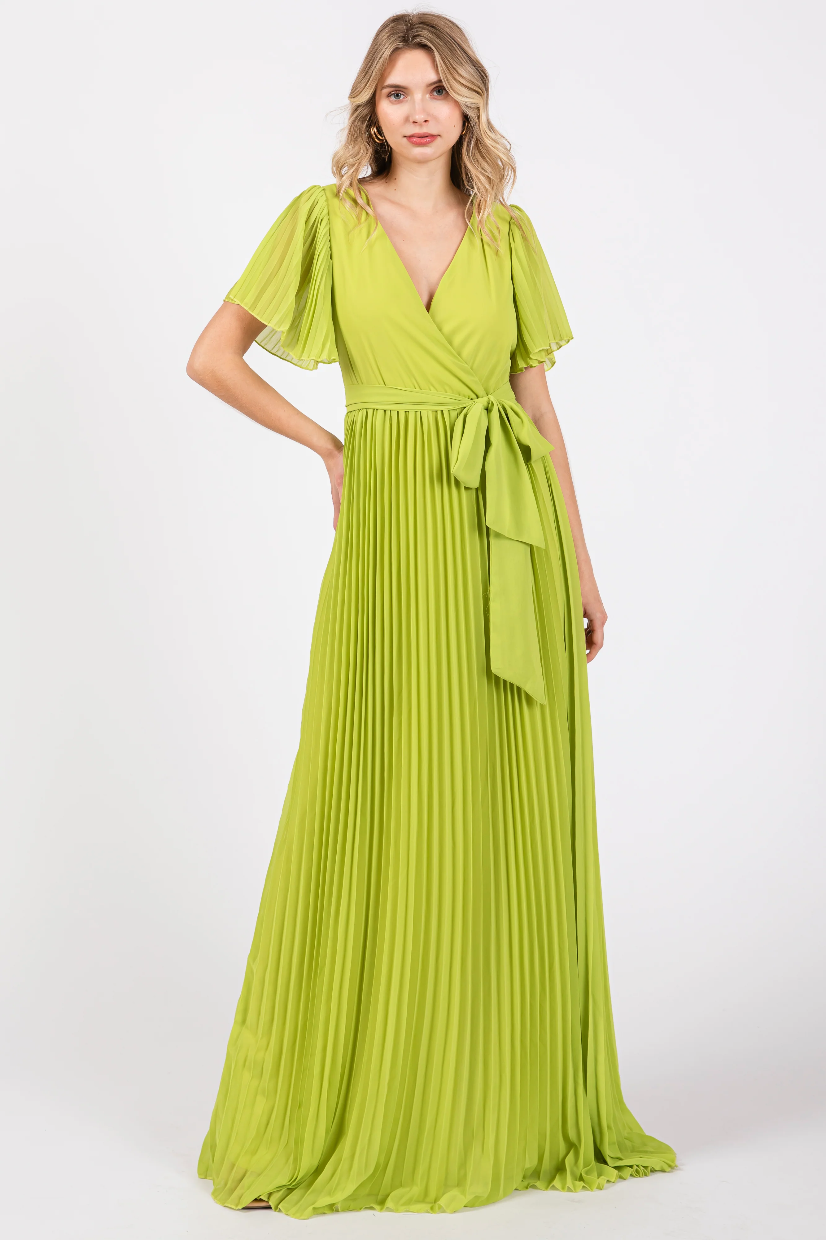 Lime Chiffon Wrap Front V-Neck Short Sleeve Pleated Maternity Maxi Dress - Image 3