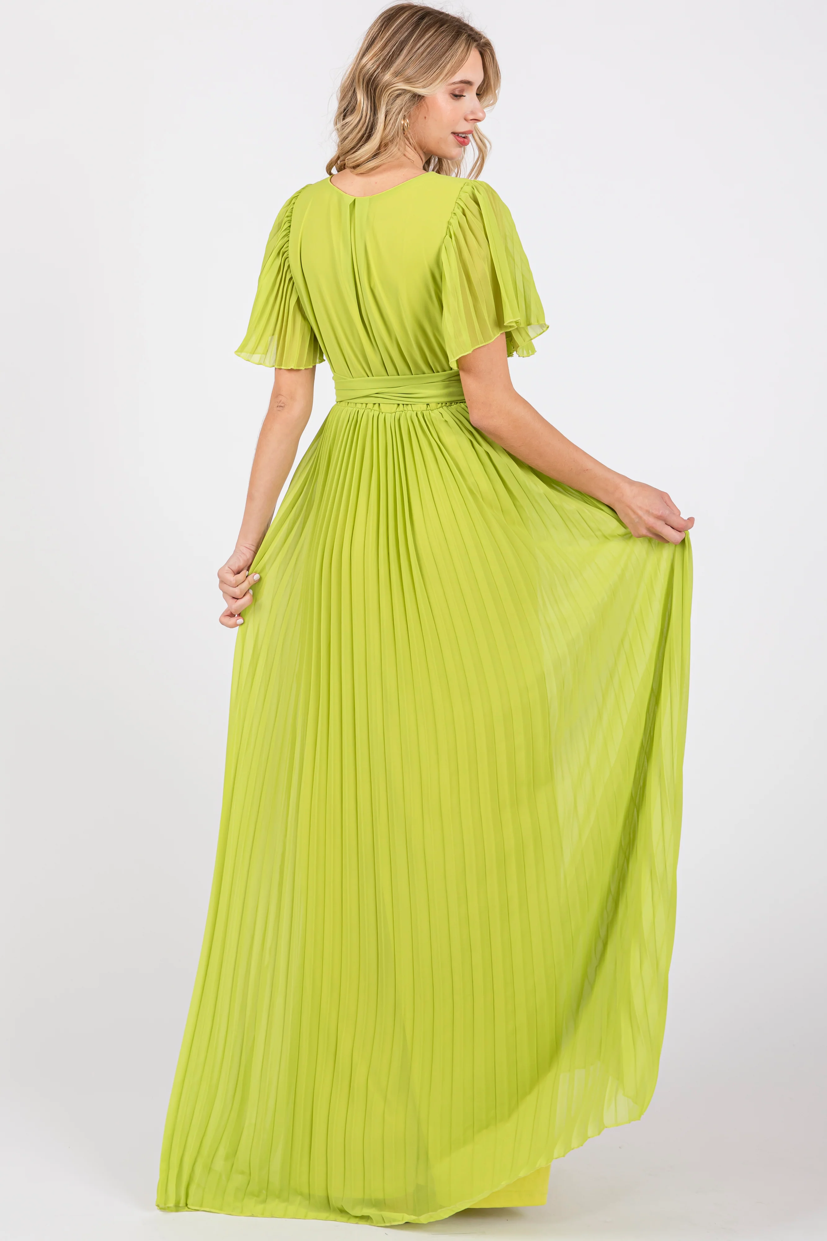 Lime Chiffon Wrap Front V-Neck Short Sleeve Pleated Maxi Dress - Image 3