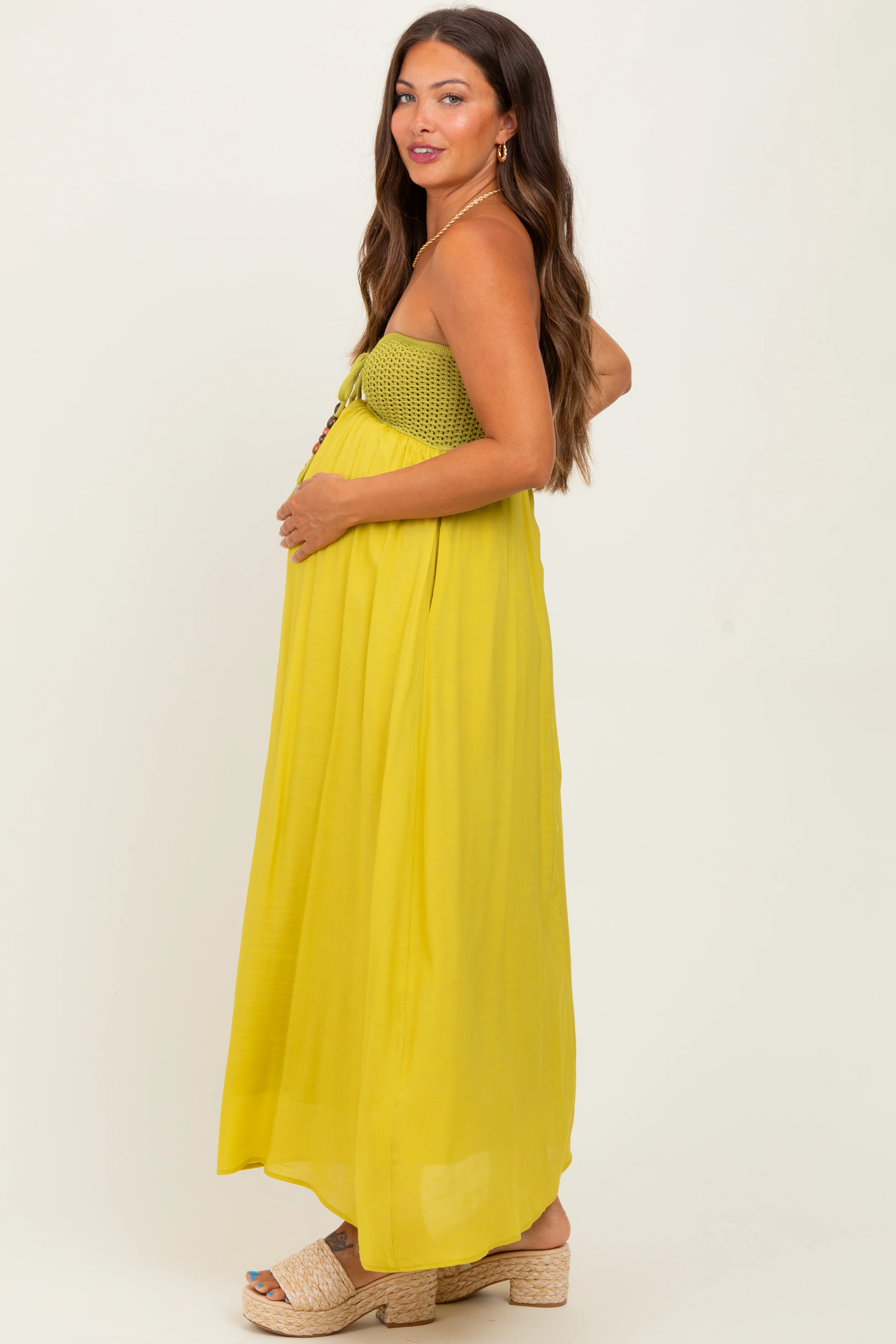 Lime Crochet Contrast Beaded Halter Neck Maternity Maxi Dress - Image 3