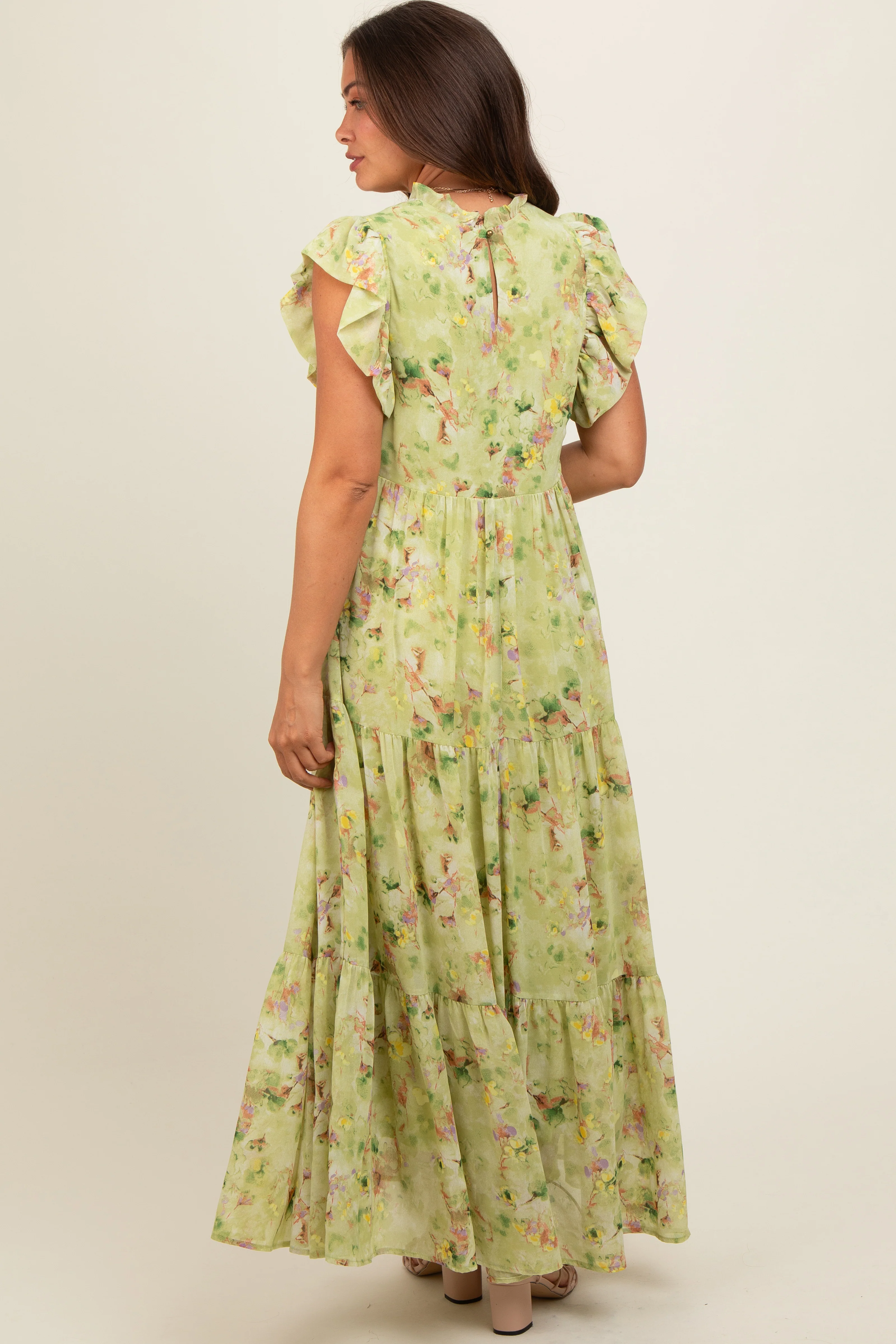 Lime Floral Chiffon Ruffle Shoulder Tiered Maternity Maxi Dress - Image 4