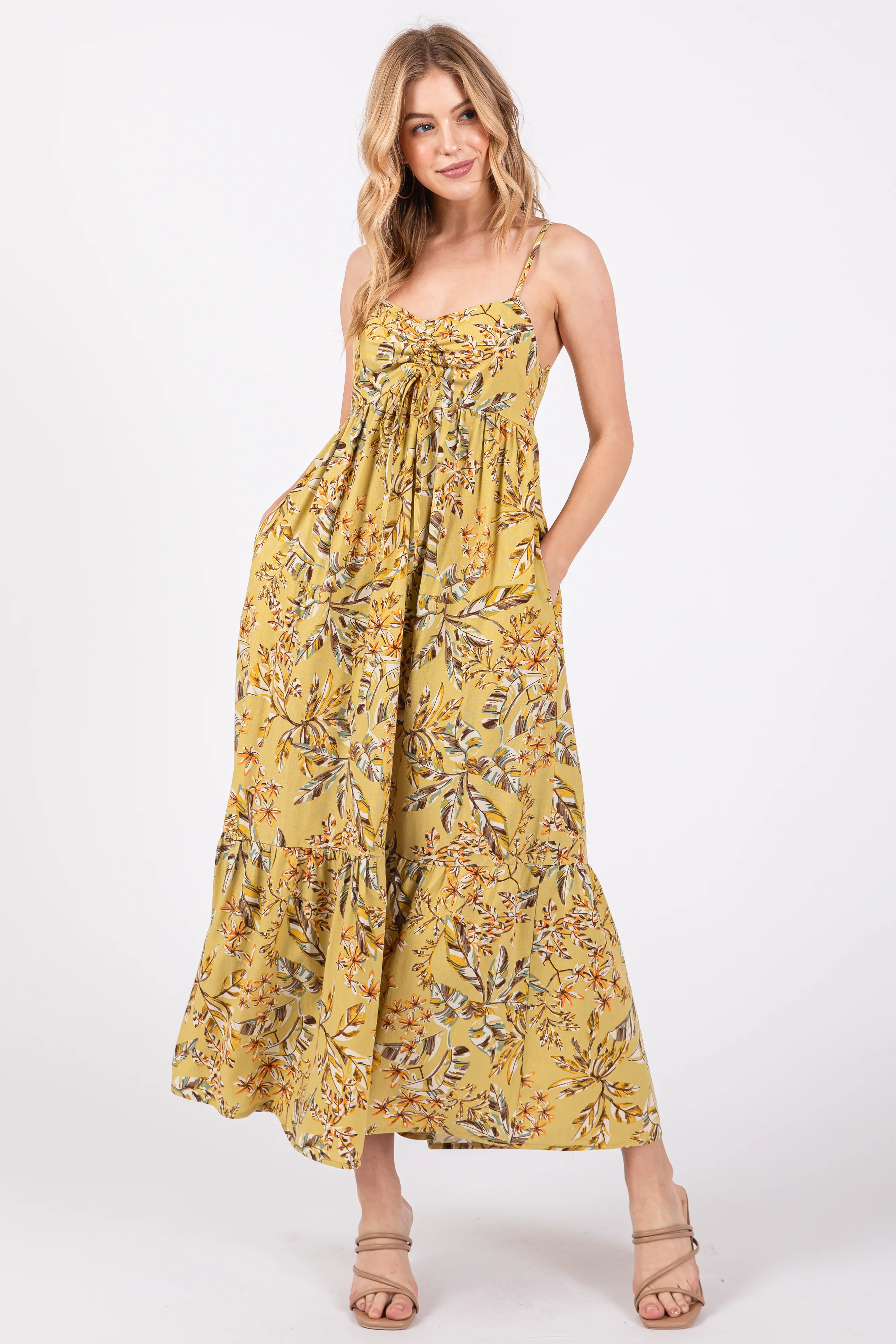 Lime Floral Sleeveless Front Cinched Maternity Midi Dress - Image 4