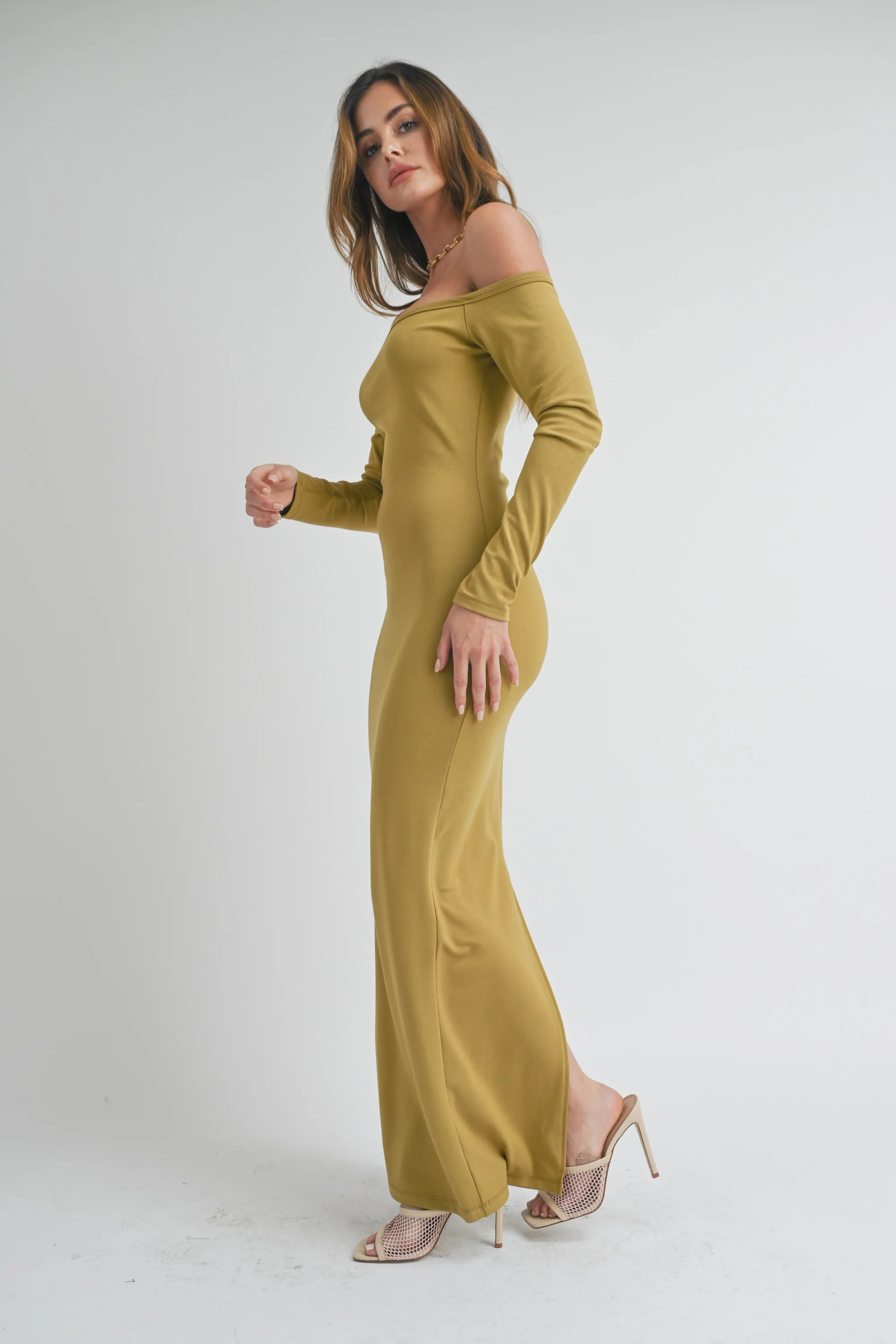 Lime Off Shoulder Long Sleeve Maxi Dress - Image 2