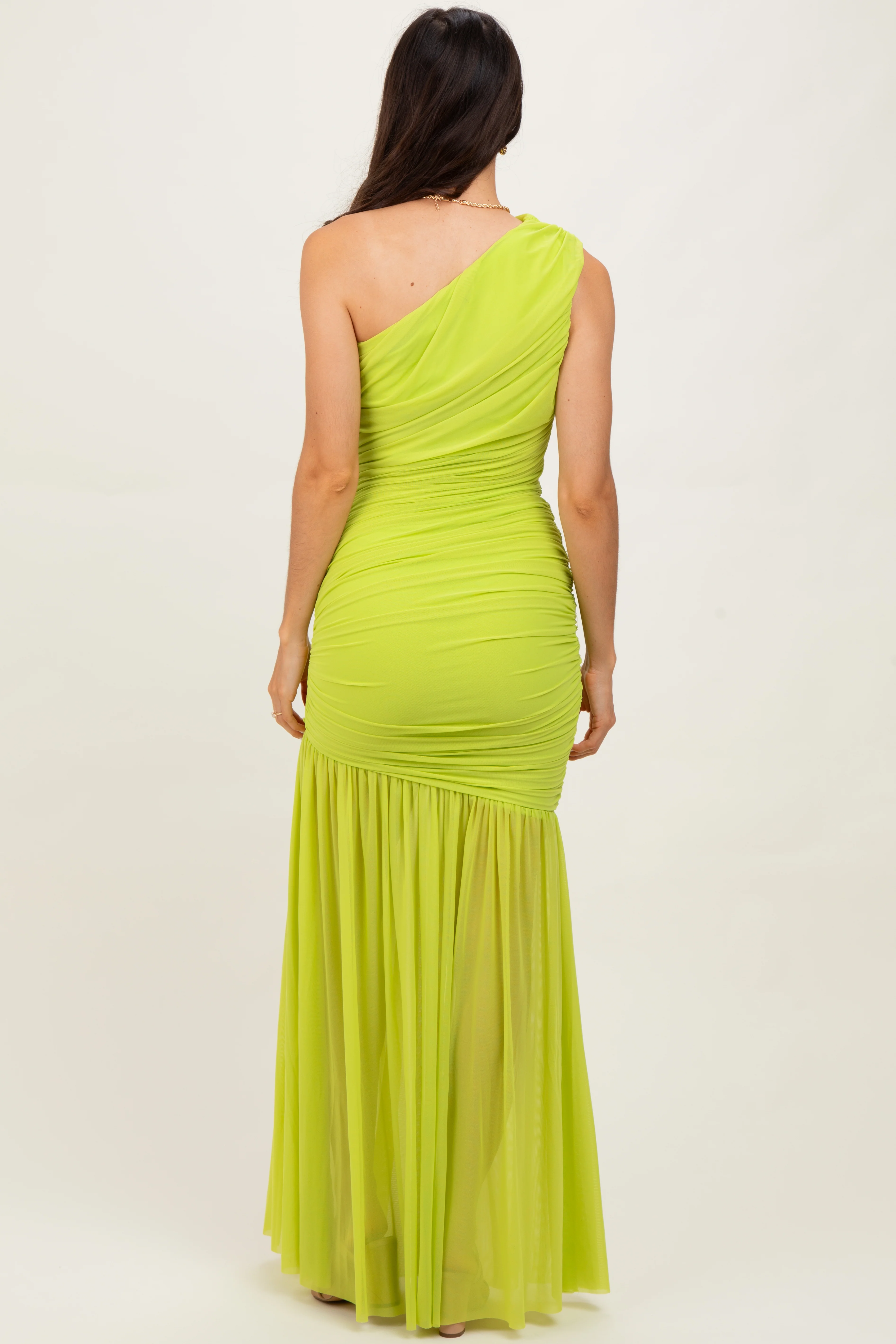 Lime Ruched Mesh One Shoulder Maxi Dress - Image 4