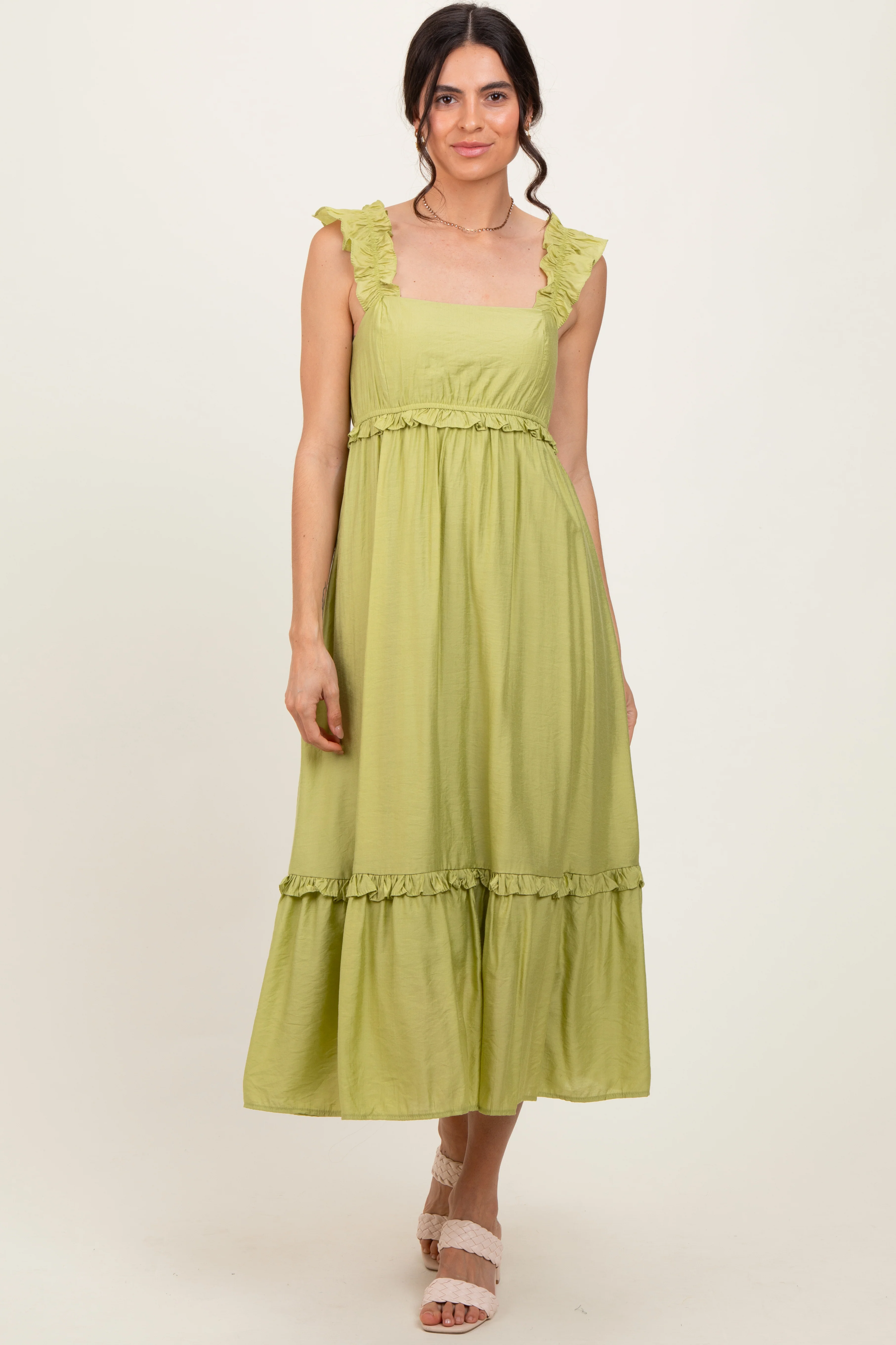 Lime Ruffle Strap Square Neck Maternity Midi Dress - Image 5