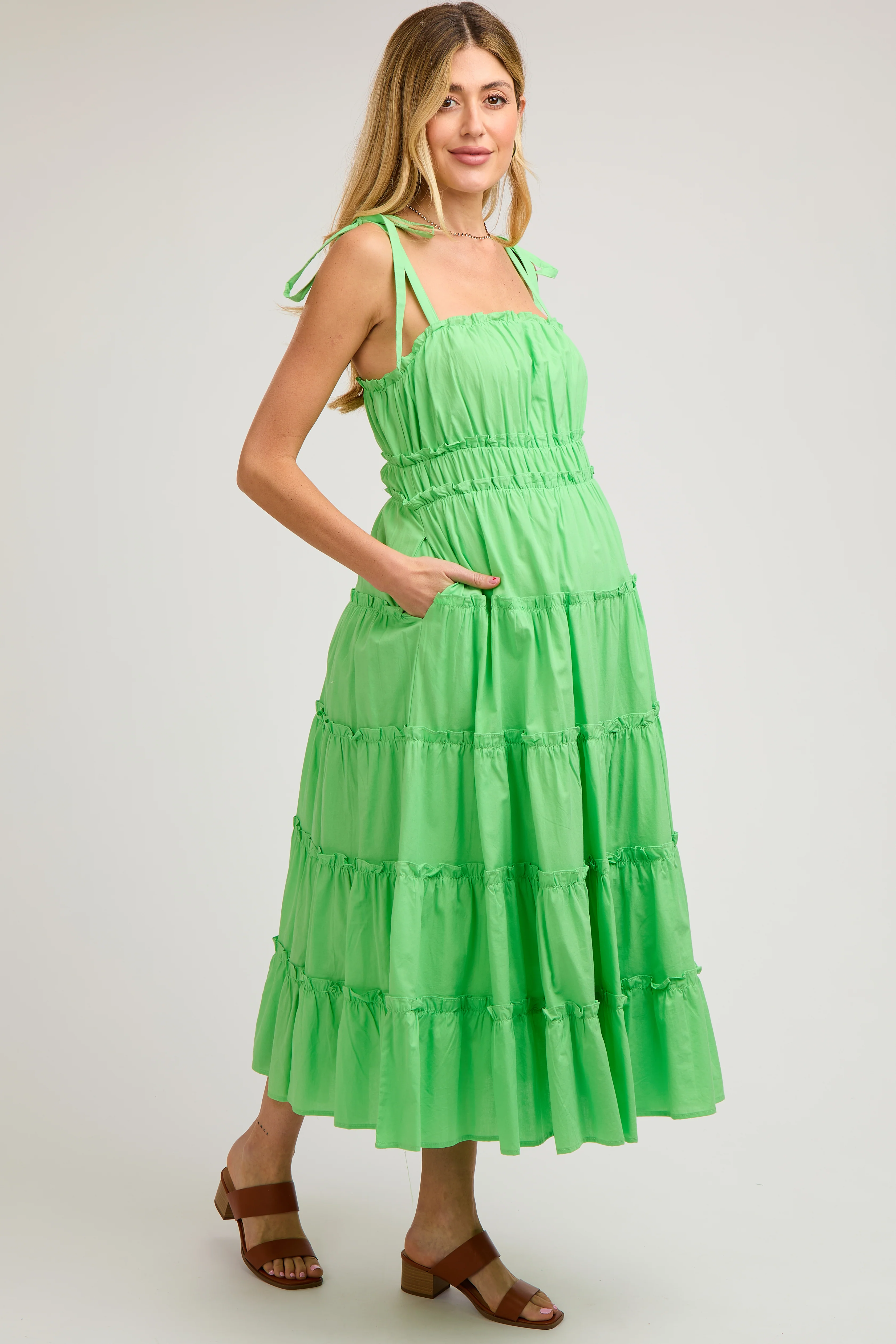 Lime Tiered Tie Strap Maternity Midi Dress - Image 2