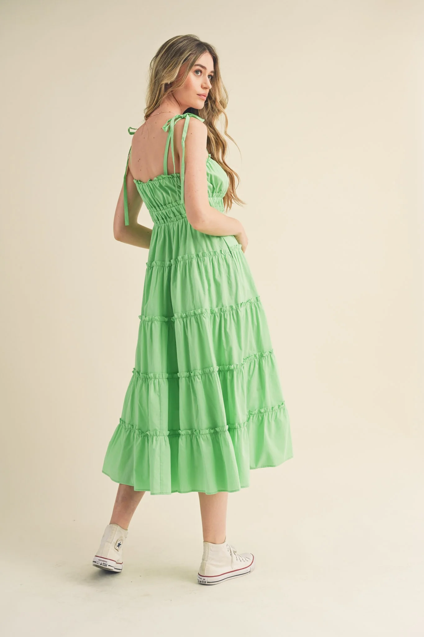 Lime Tiered Tie Strap Midi Dress - Image 3