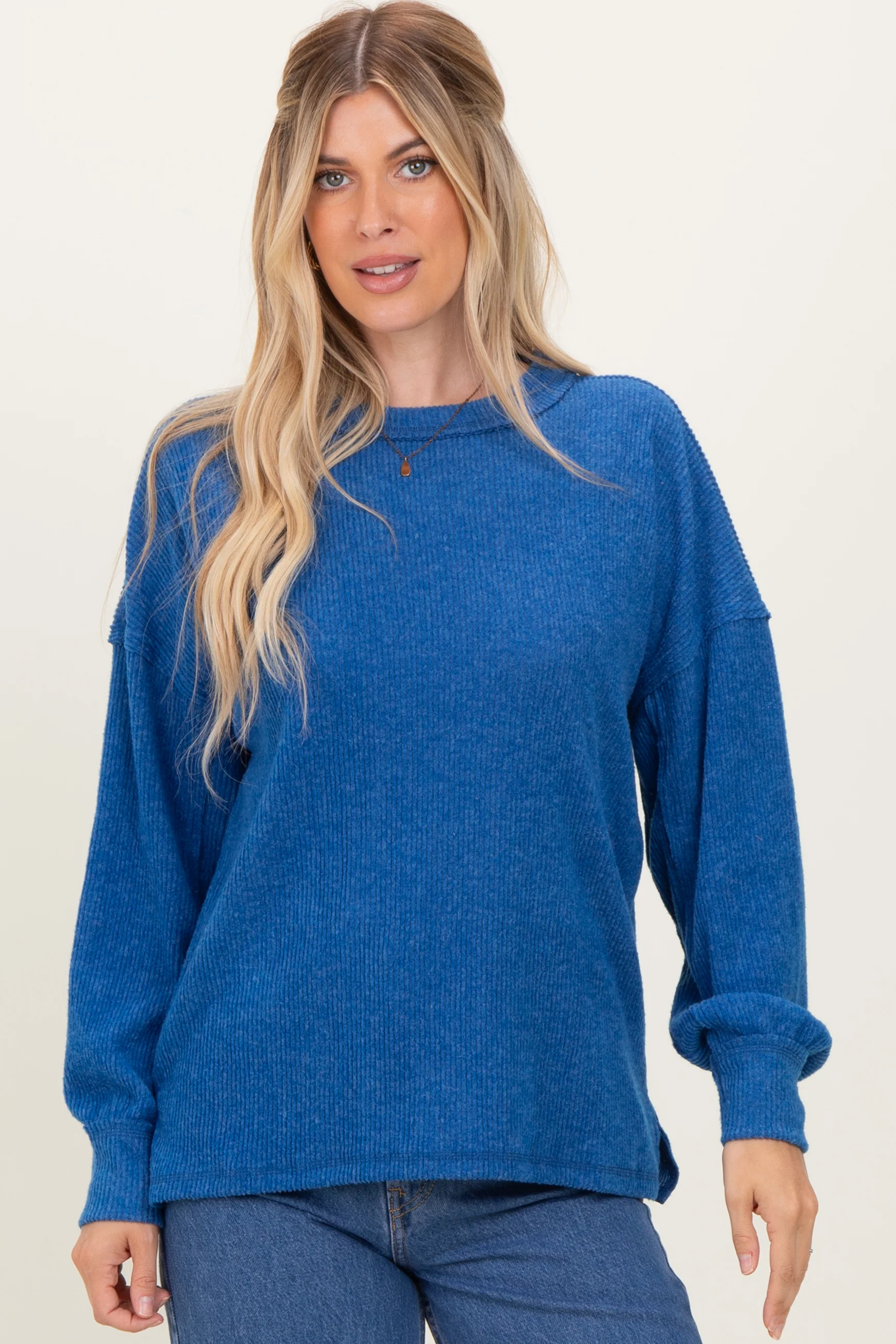Lt Navy Brushed Ribbed Knit Pullover - Image 2